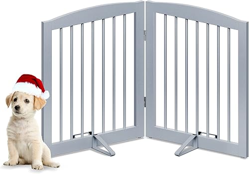 Miniatura 24 de Puerta independiente plegable para mascotas para perros, puerta plegable de madera para perros para la casa, barrera interior extra ancha para Negro