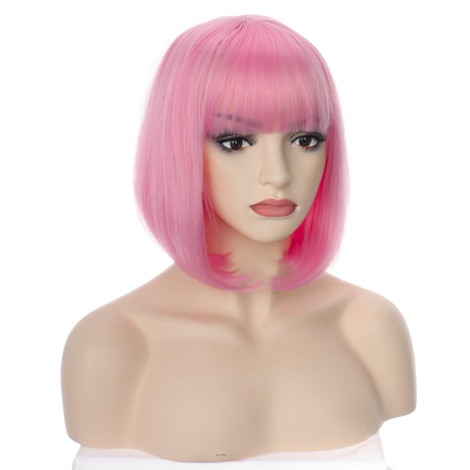 PORSMEER Short Pink Bob Wigs with Fringe For Unisex Womens Natural Synthetic Hair Colorful Costume Cosplay Wig for Anime Halloween Fancy Dress Party+Wig Cap,rosa - Image 3