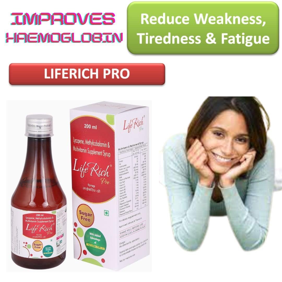Liferich Pro Multivitamin for Men, Women & Kids | Sugar Free | Lycopene, Antioxidants, Cyanocobalamin, Multi Mineral & Multi Vitamin Syrup | 200 ml Each | Pack of (2)