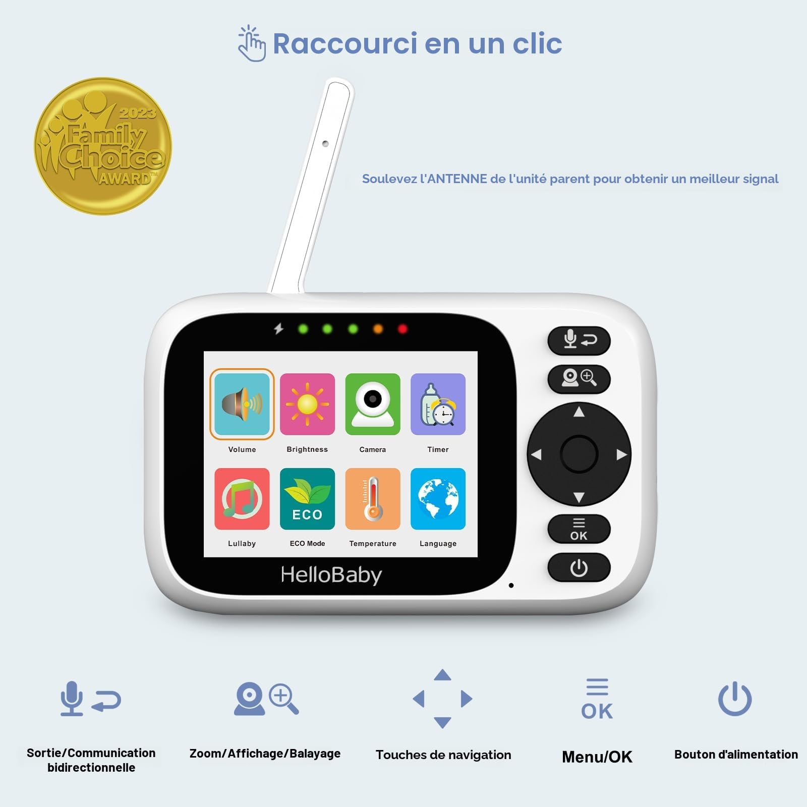HelloBaby Babyphone Camera, 3,2’’ Écran IPS, Caméra de surveillance bébé, Babyphone sans WiFi, Audio bidirectionnel, Vision nocturne, ECO, Surveillance de température, 8 Berceuses, 305 mètres (HB6339)