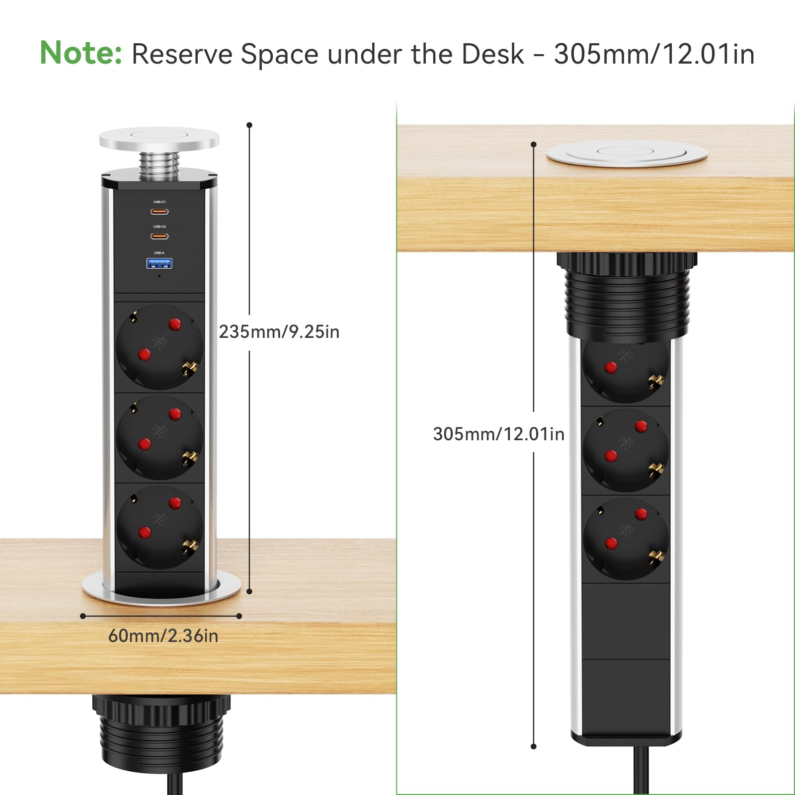 Presa Scomparsa 3 Prese 2 USB e USB C, Multipresa Elettrica Scomparsa Presa per Piano di Lavoro Incassato per Cucina, Ufficio, Cavo 1,8m, Diametro 60mm
