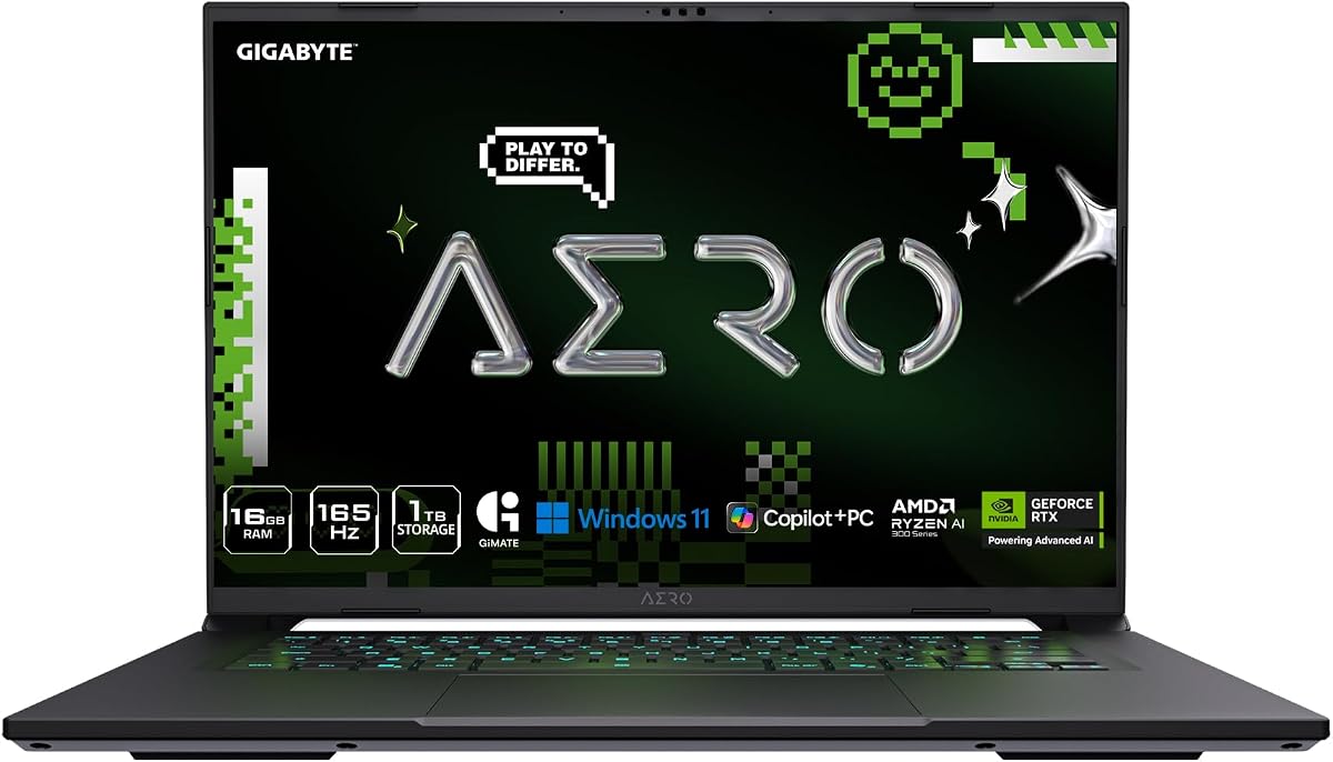 GIGABYTE AERO X16; Copiloto+ PC - 165Hz 2560x1600 WQXGA - NVIDIA GeForce RTX 5050 - SSD AMD Ryzen AI 7 350-1TB con 16GB DDR5 RAM - Windows 11 Home - Space Gray AERO X16 1TH93USC94AH