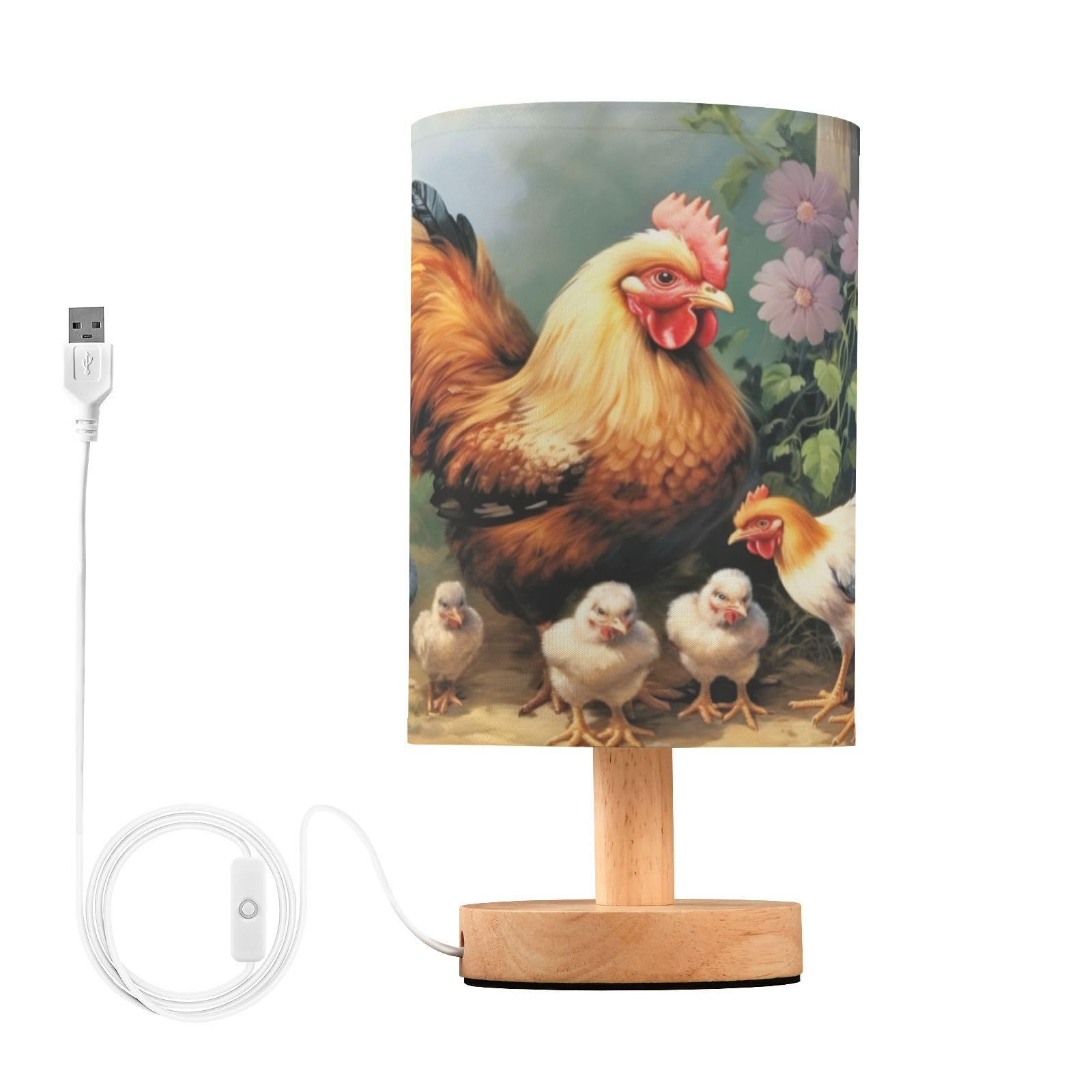 SDMKA Chicken Painting Bedside Table Lamp for Bedroom, Minimalist Nightstand Lamp with Round Fabric Shade for Living Room, Office, No Bulb Required