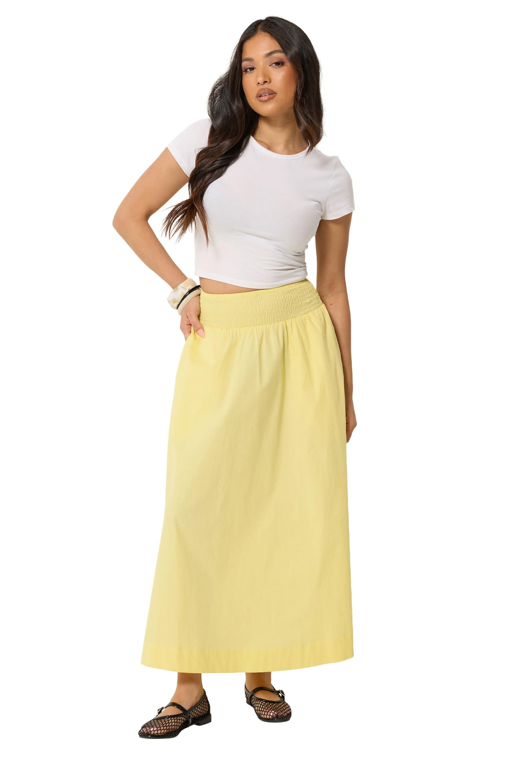 Pixiegirl Women's Yellow Petite Poplin Shirred Cotton Maxi Skirt Size 14