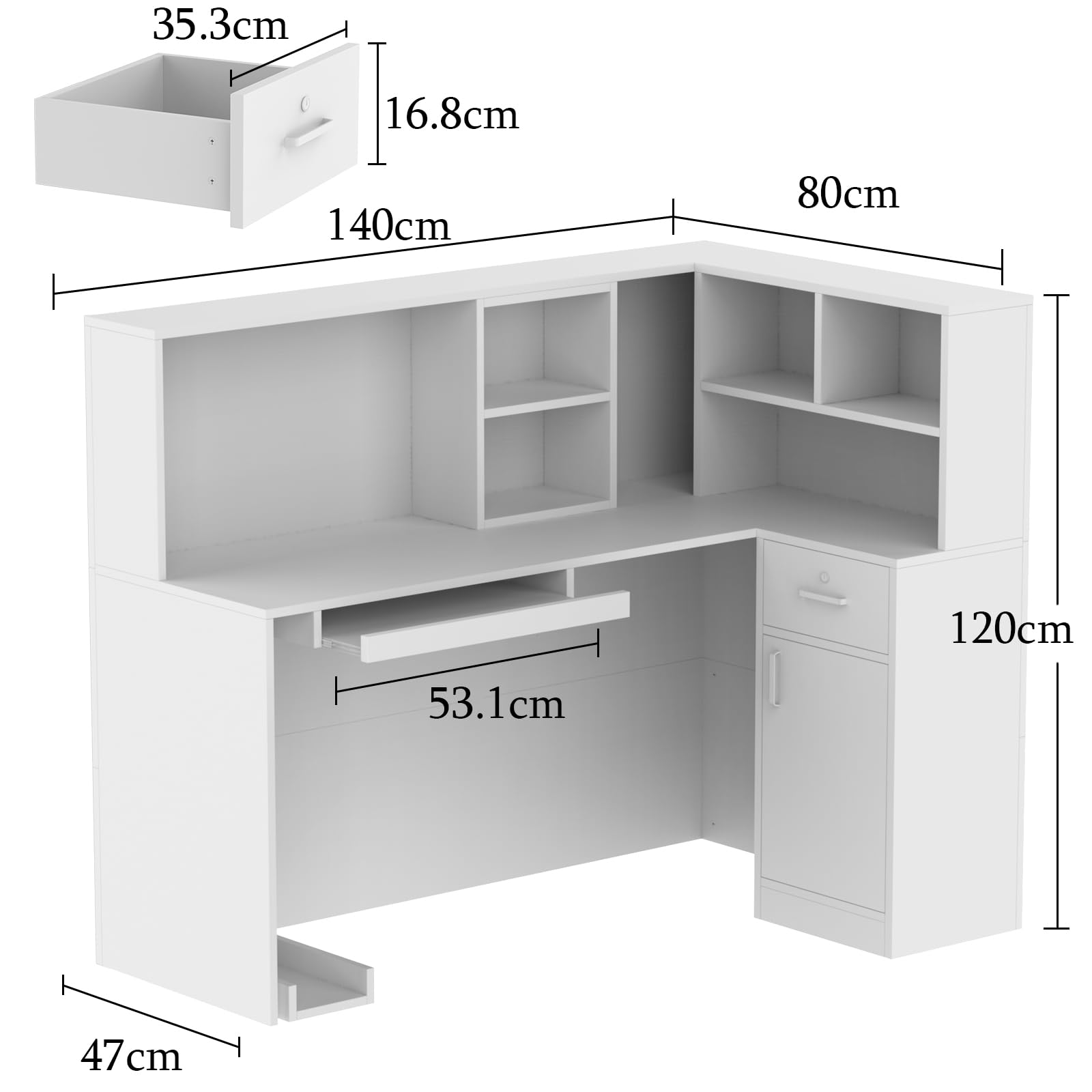 Mesa de Oficina con Bandeja para Ordenador y Estante Extraíble, Mueble Recepción con 1 Cajón y 1 Armario, Mostradores de Recepción, Mostrador Basic,‎ 80 x 140 x 120 CM, Blanco, MDF