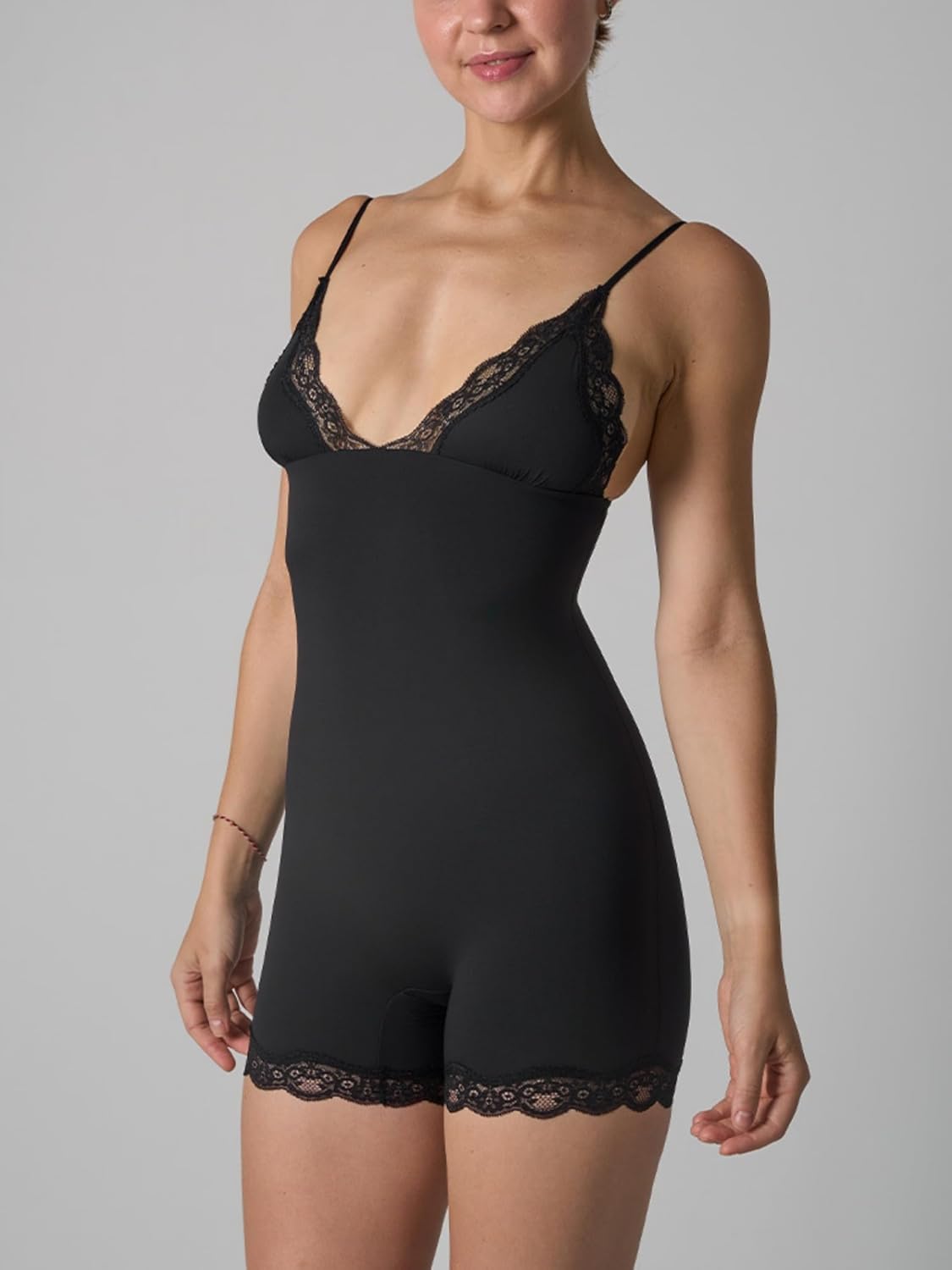 Women's V Neck Bodysuit Shapewear Womens Body Suit Elegant Lace Romper for Women, Brown Bodysuit - Image 2