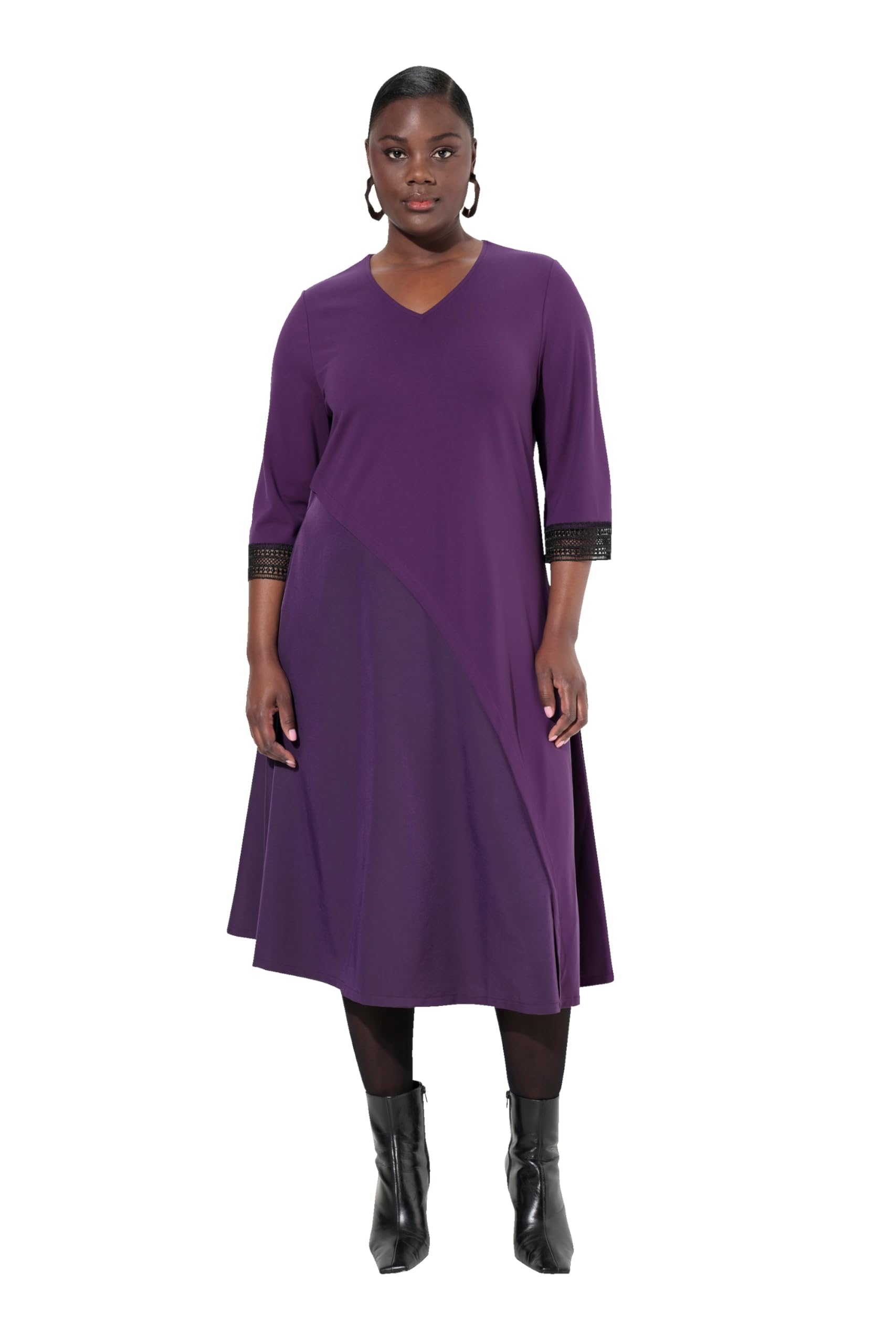 Ulla Popken Damen große Größen Übergrößen Plus Size Punto-Kleid, A-Linie, Tafteinsatz, V-Ausschnitt, 3/4-Arm 833465
