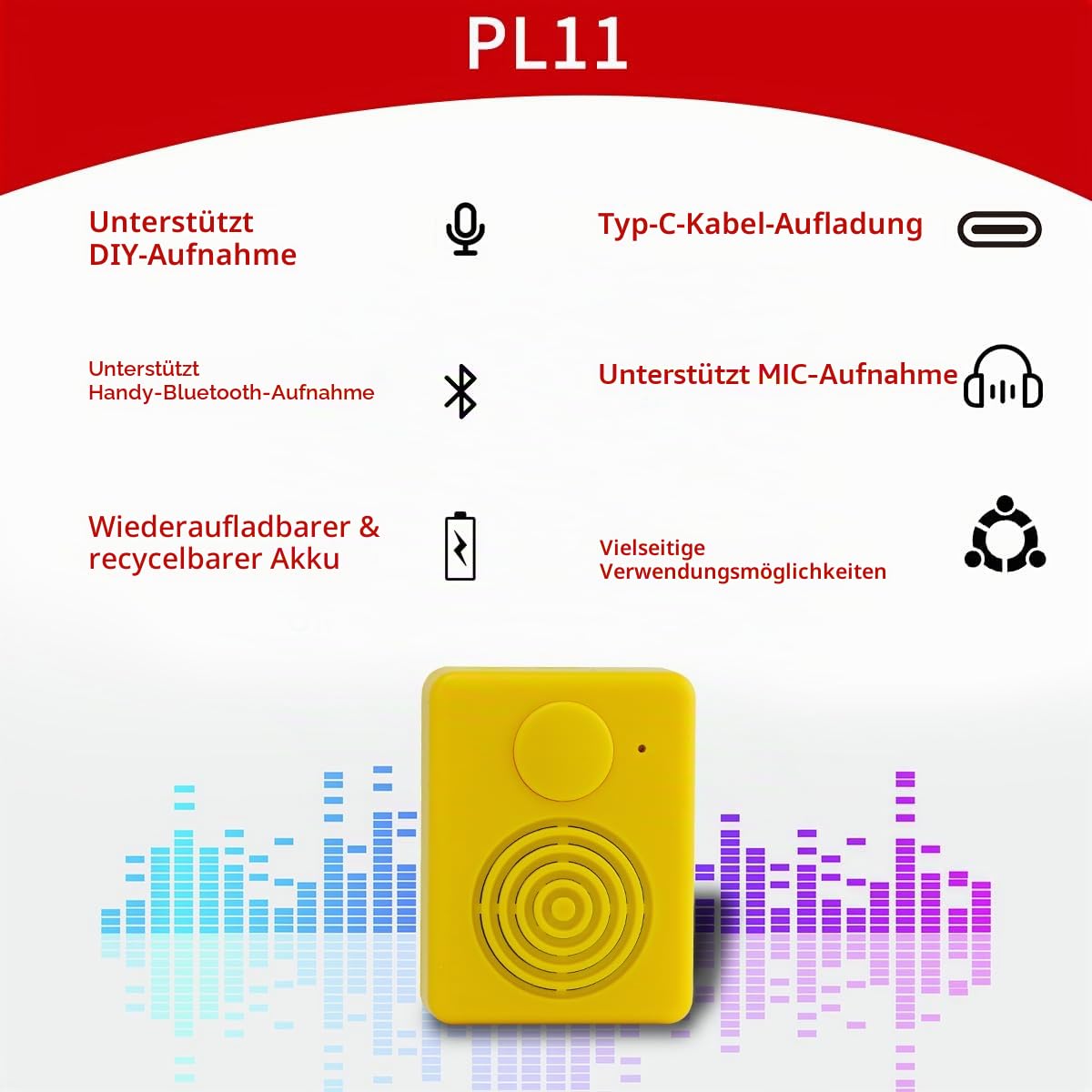 16 MB Diktiergerät mit Lautsprecher, unterstützt Bluetooth und Mikrofonaufnahmen,16 Minuten einfache Sprachaufzeichnung für personalisierte Begrüßungen, DIY-Projekte, Bastelarbeiten usw.Gelb