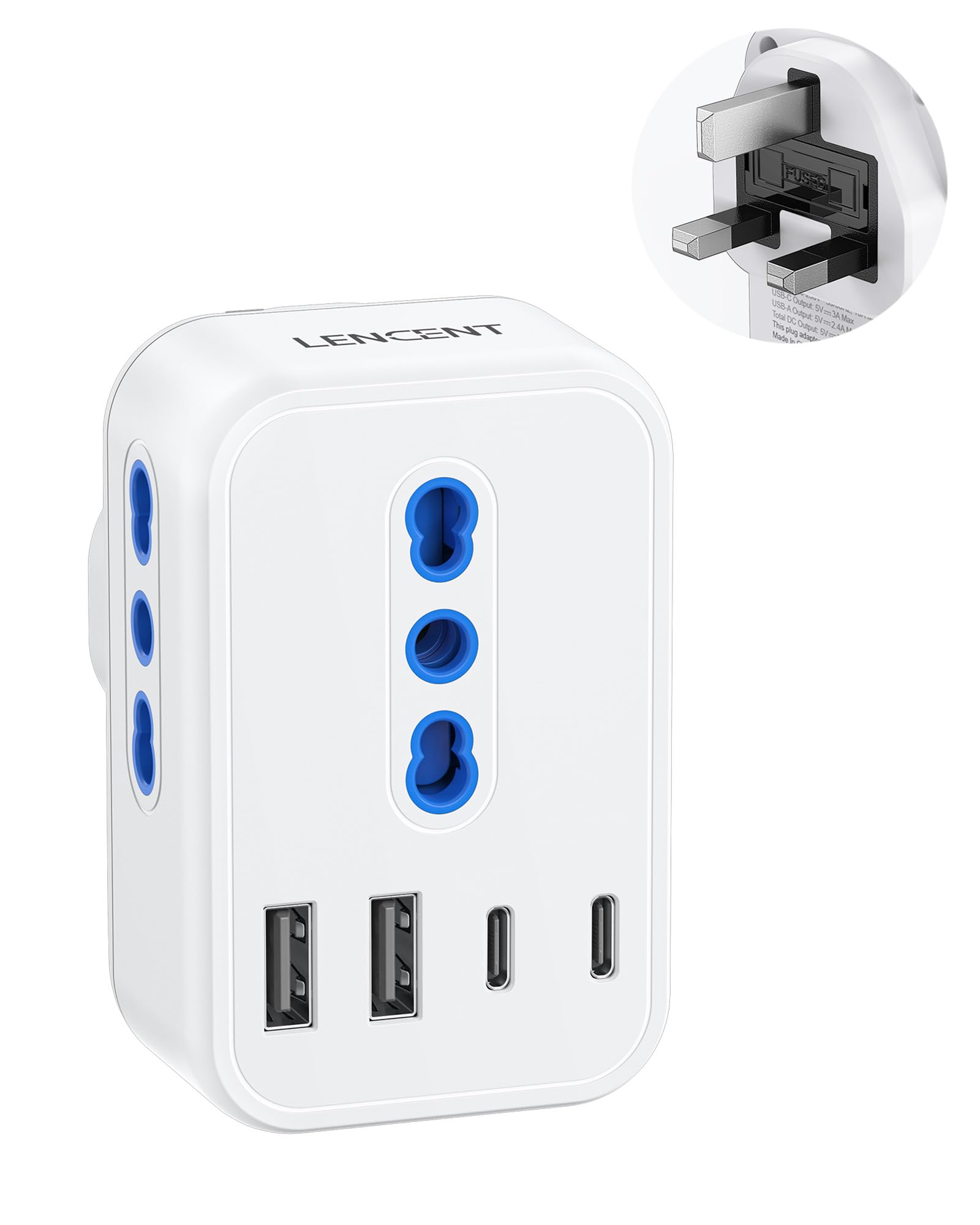 LENCENT Adattatore Presa Inglese da Viaggio, Spina Tipo G con 3 Prese Italiane e 4 Porte USB (USB-C 15W), 7 in 1 Presa UK da Viaggio per Regno Unito, Irlanda, Dubai, Maldive, Malta, Scozia -3250W