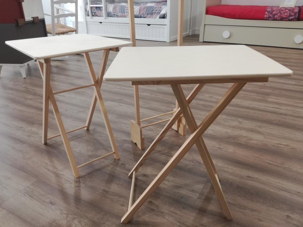 GRECA Mesas auxiliares. Juego de 2 Unidades con Soporte. Madera de Pino, en Crudo. para Decorar.Medidas (Ancho/Fondo/Alto): 48 * 18 * 85 cms. Medida Mesa Abierta: (Ancho/Fondo/Alto) 48 * 41 * 60 cms.