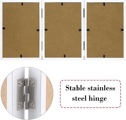 Miniatura 3 de TOFOREVO Marco de fotos de madera triple de 4 x 6 pulgadas, con tres bisagras, soporte de cristal verticalmente en escritorio o mesa, color blanco