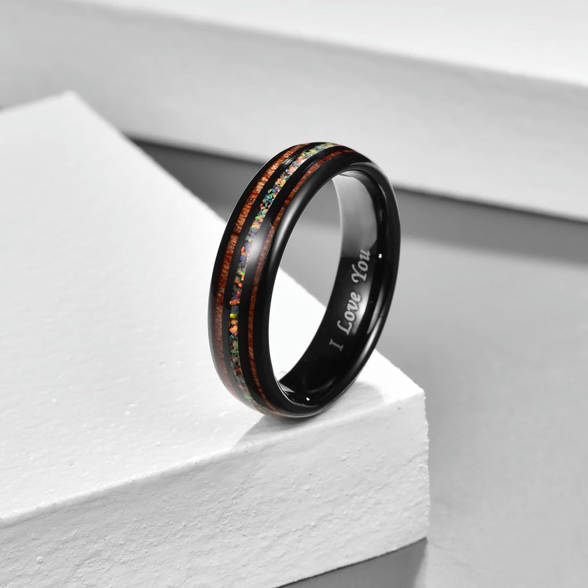 Anillo de carburo de tungsteno de 6 mm Ópalo Hawái Madera de koa Komaru Ancho Color Arco Iris Hombre Mujer Anillo I Love You