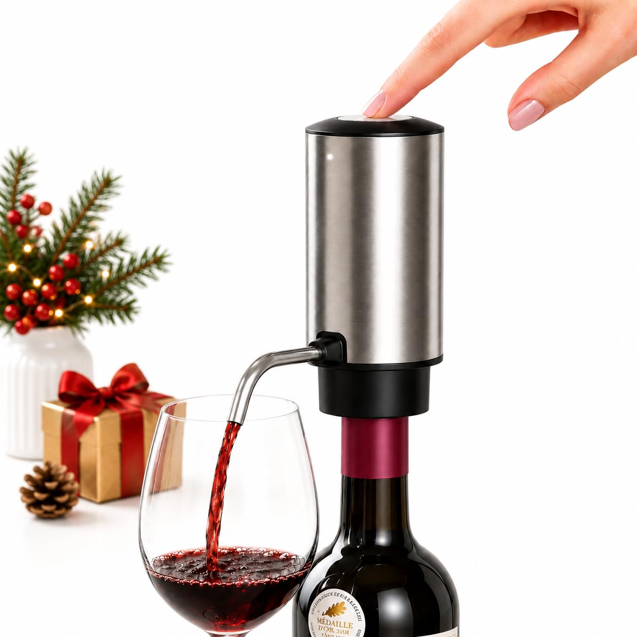 Decantador de vino eléctrico, aireador de vino recargable, vertedor de vino y regalos de vino para amantes del vino, acero inoxidable, recargable