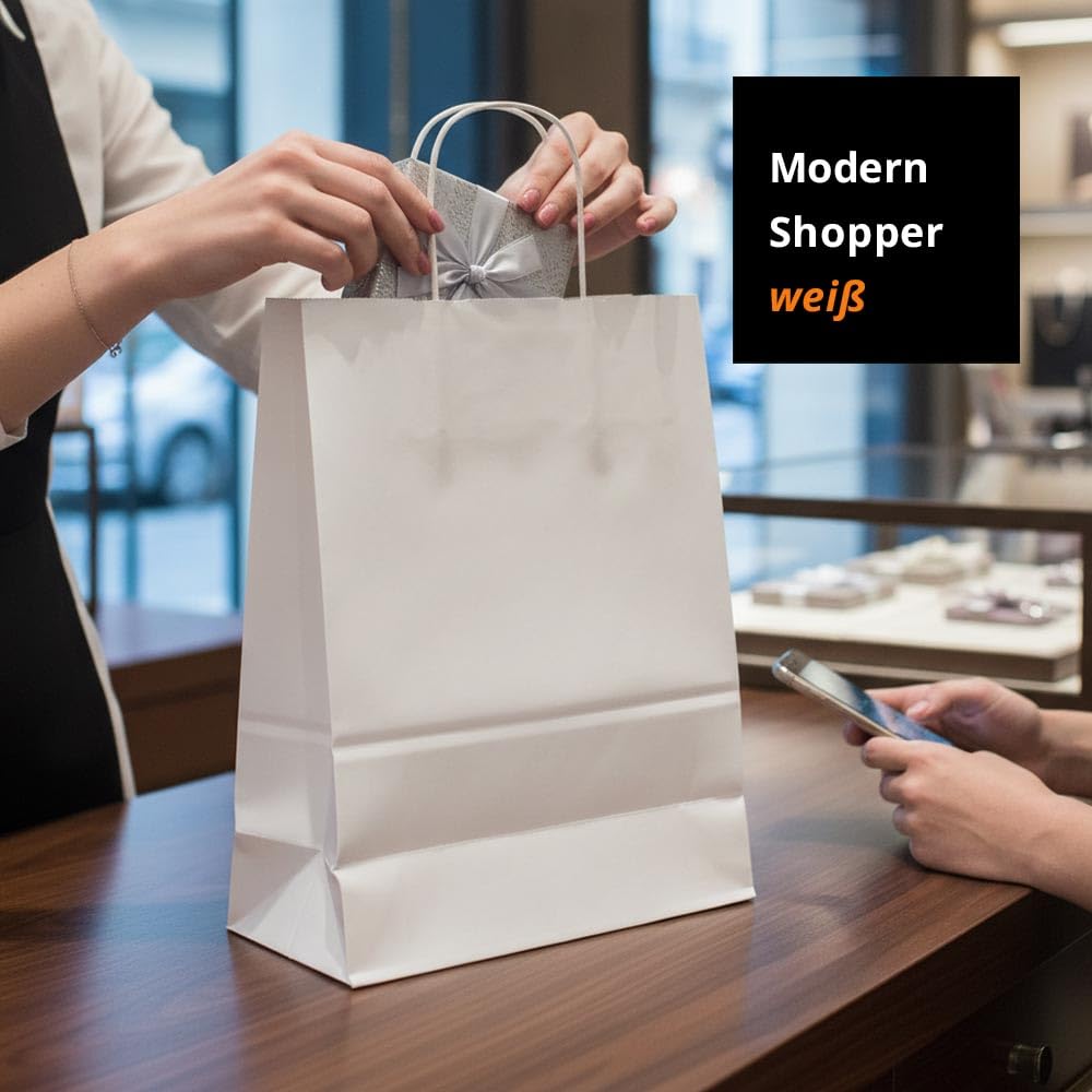 Papiertüten weiß mit Kordel-Henkel I 250 Stk. 22+10x28cm I Papiertragetasche für Einzelhandel, Hochzeit, Geburtstag, TO-GO I Geschenktüten aus Kraftpapier I HUTNER