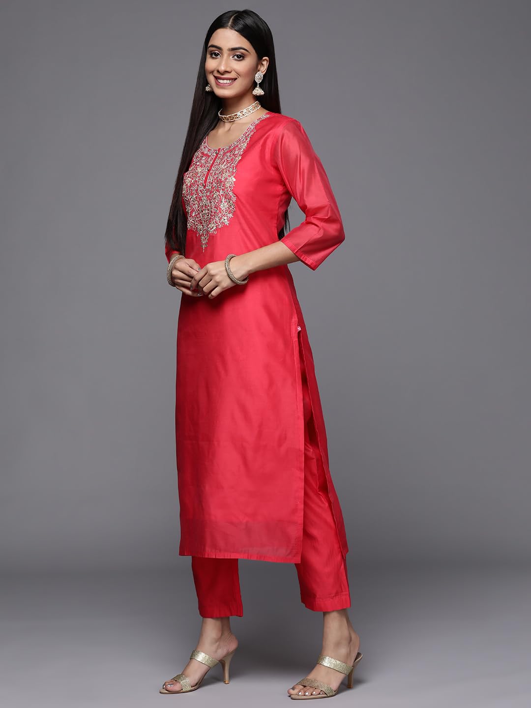 Varanga Pink Embroidered Kurta Paired With Straight Tonal Bottom And Contrast Dupatta