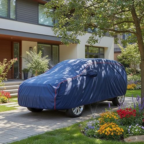 Image of Sulfar 100% Water Resistant Car Body Cover Compatible with Mirror for Mahindra Scorpio (Triple Stitched, Full Bottom Elastic, Blue Taffeta with Red Piping)