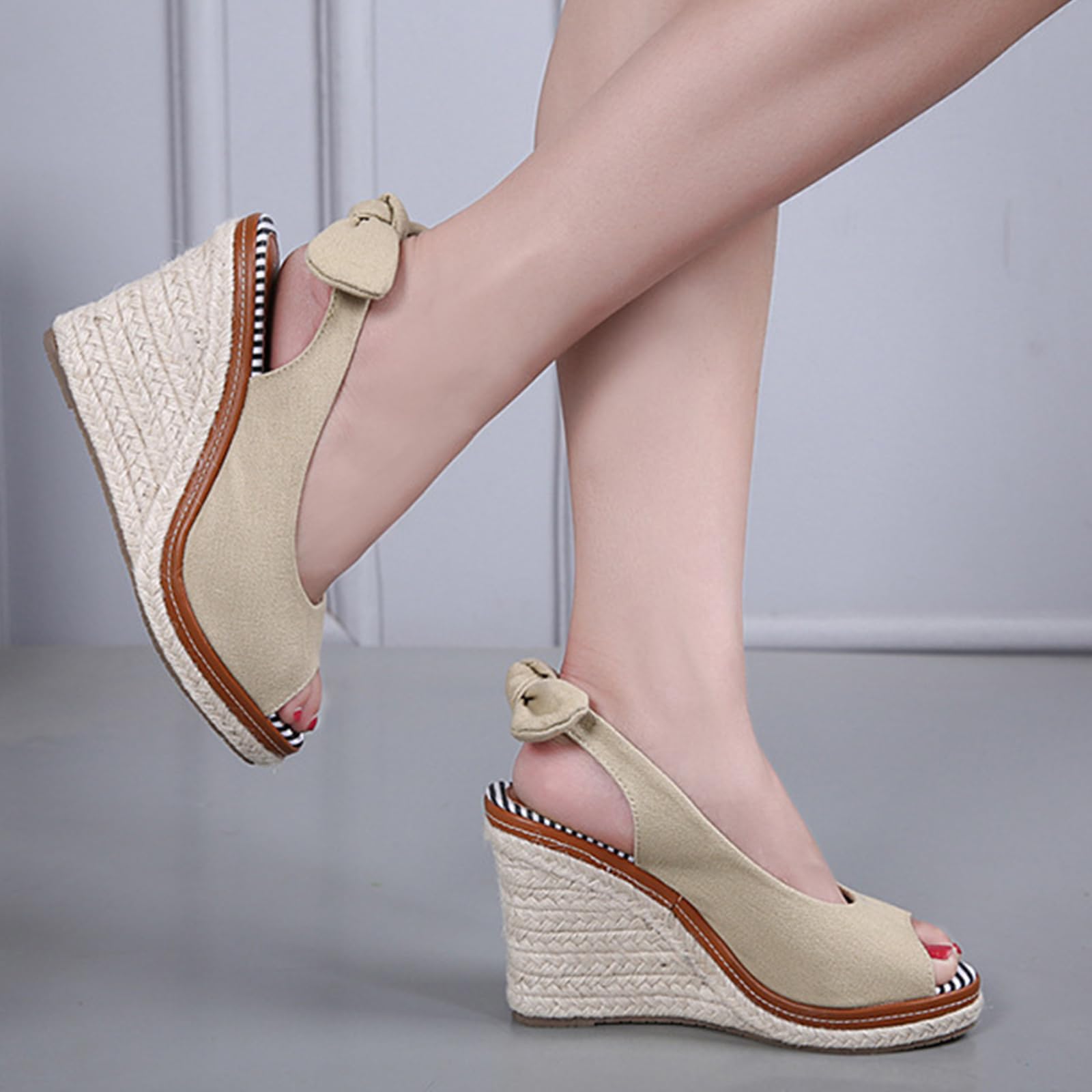 Sandali con zeppa a punta aperta in tela fiocco sul cinturino posteriore texture espadrille Ufficio pendolarismo camminata quotidiana
