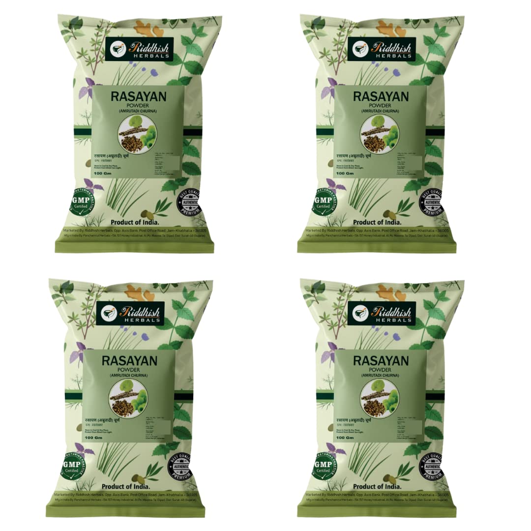Riddhish Herbals Organic Rasayan Churna (Amrutadi Churna) - COMBINATION OF Guduchi (Giloy) Gokshura Amla Ayurvedic Powder – For Digestion, Immunity Booster - 100gm Each (Pack of 4)