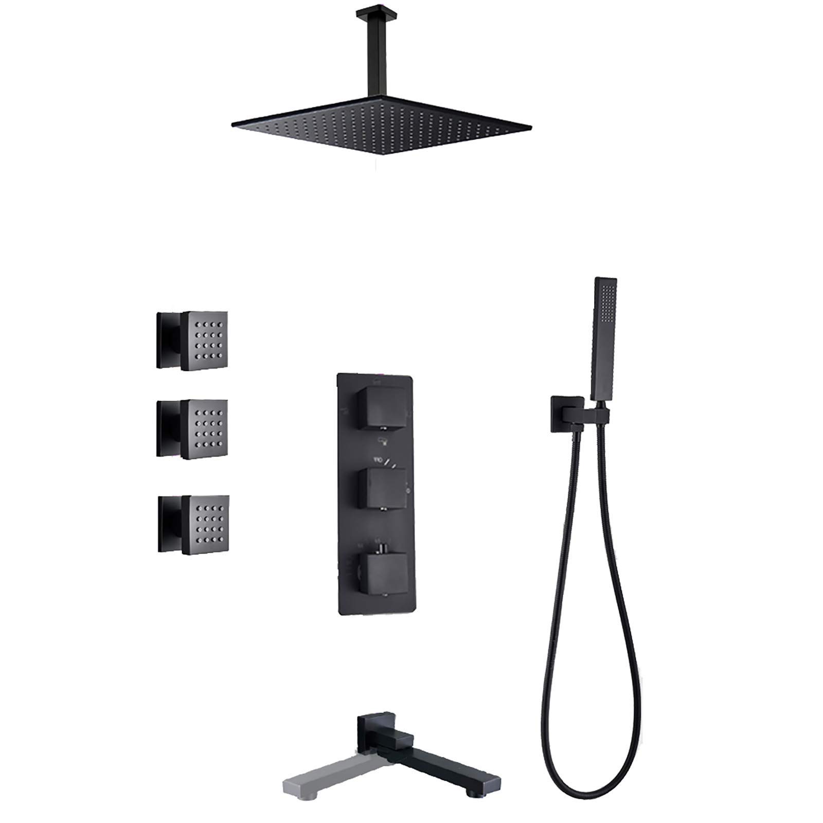 Mitigeur thermostatique noir mat avec jets de corps massants et ciel de pluie 10" mini