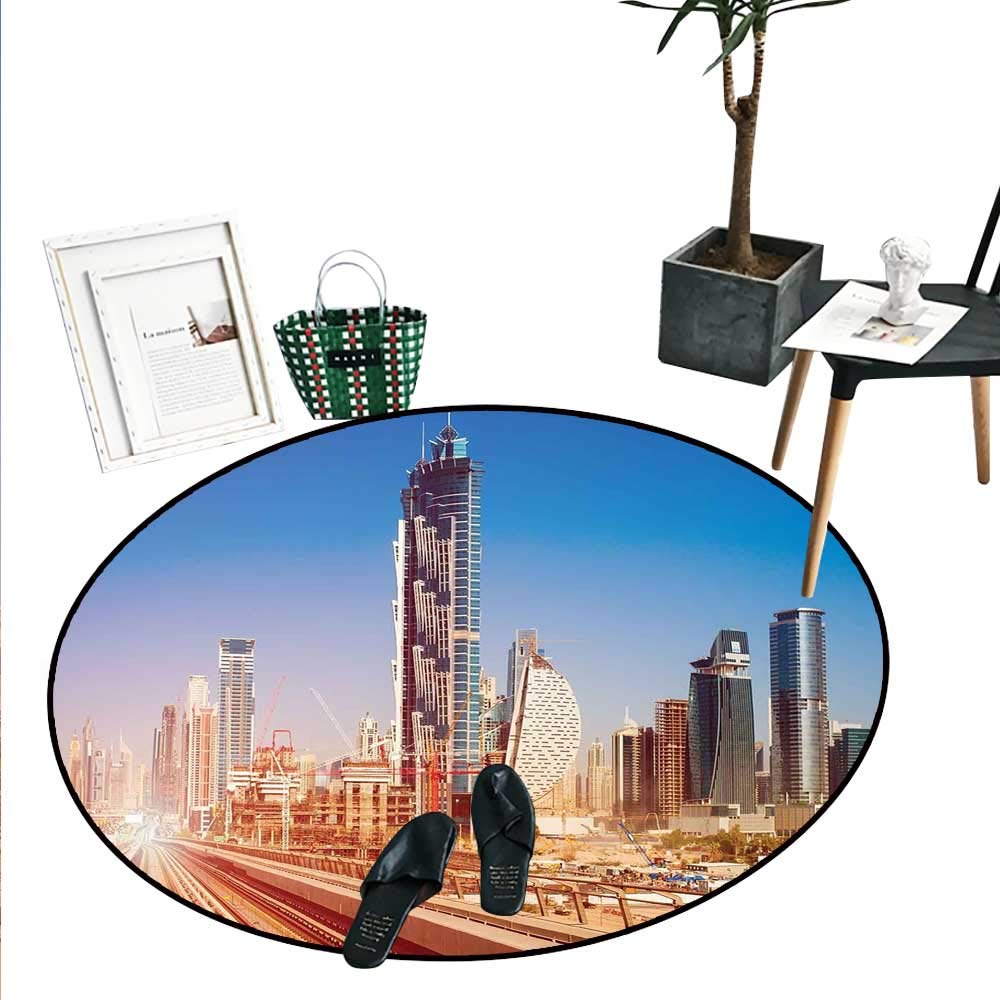 Urban Home Decor Area Rug Modern Subway Line in Dubai Tracks Skyscrapers Futuristic View Commercial Perfect for Any Room, Floor Carpet （4' Diameter） Pale Brown Blue White