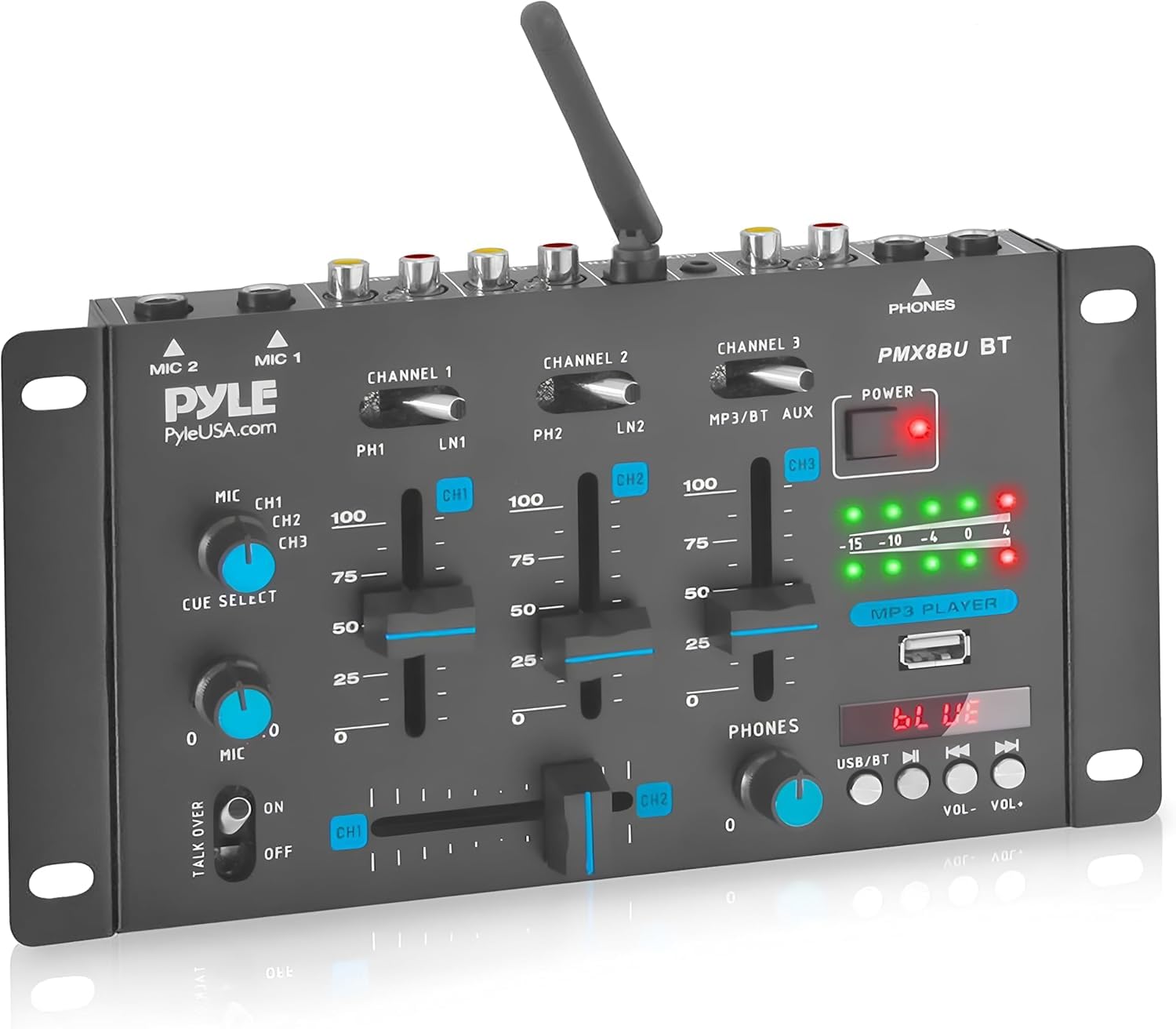 Pyle Mezclador de Audio para DJ, 3 Canales, Bluetooth, Lector de USB, Dual RCA/Phono, Entrada de microfono, Conector para Auriculares