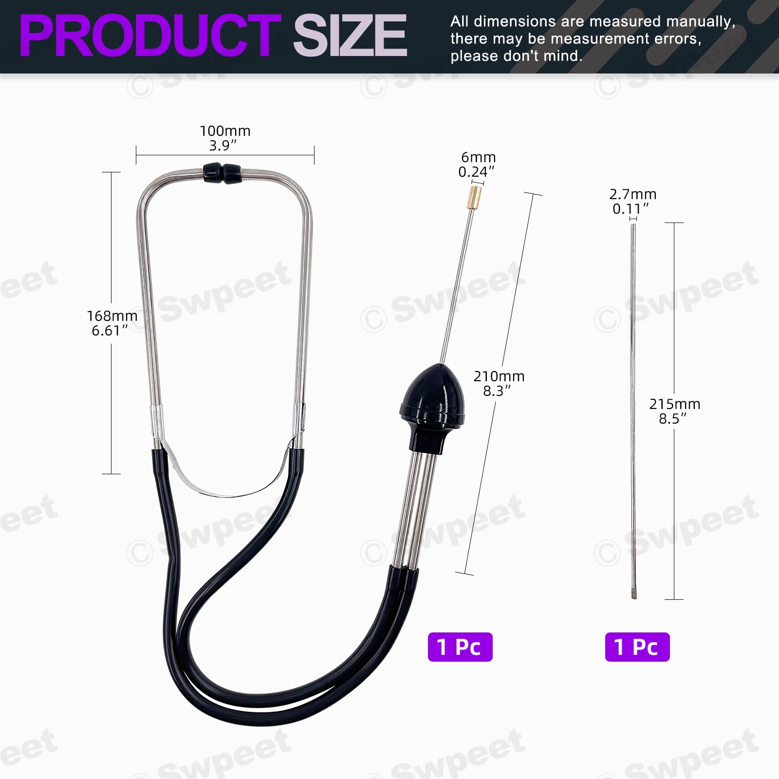 Swpeet 2Pcs Automotive Acciaio Inox Cilindro Meccanico Stetoscopio Motore Kit include Gomma Buds Sonda Tubo, Strumento Diagnostico per Auto, Camion e Moto, Motore Tester (Nero)