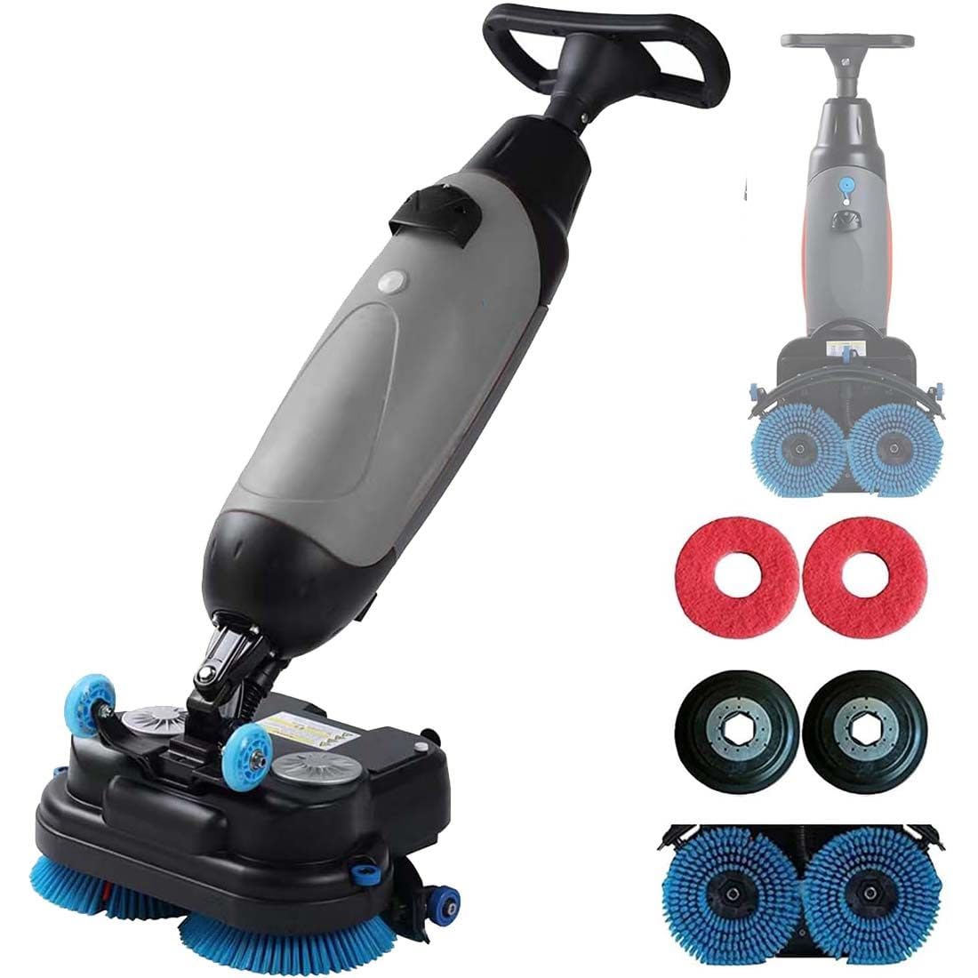 Walk-Behind Commercial Floor Scrubber Buffer Polisher Machine, Dual Brushes, Dual Pads and Drivers, 1200㎡/h Efficiency, Cordless Rechargeable Lithium Battery, Lightweight Grey