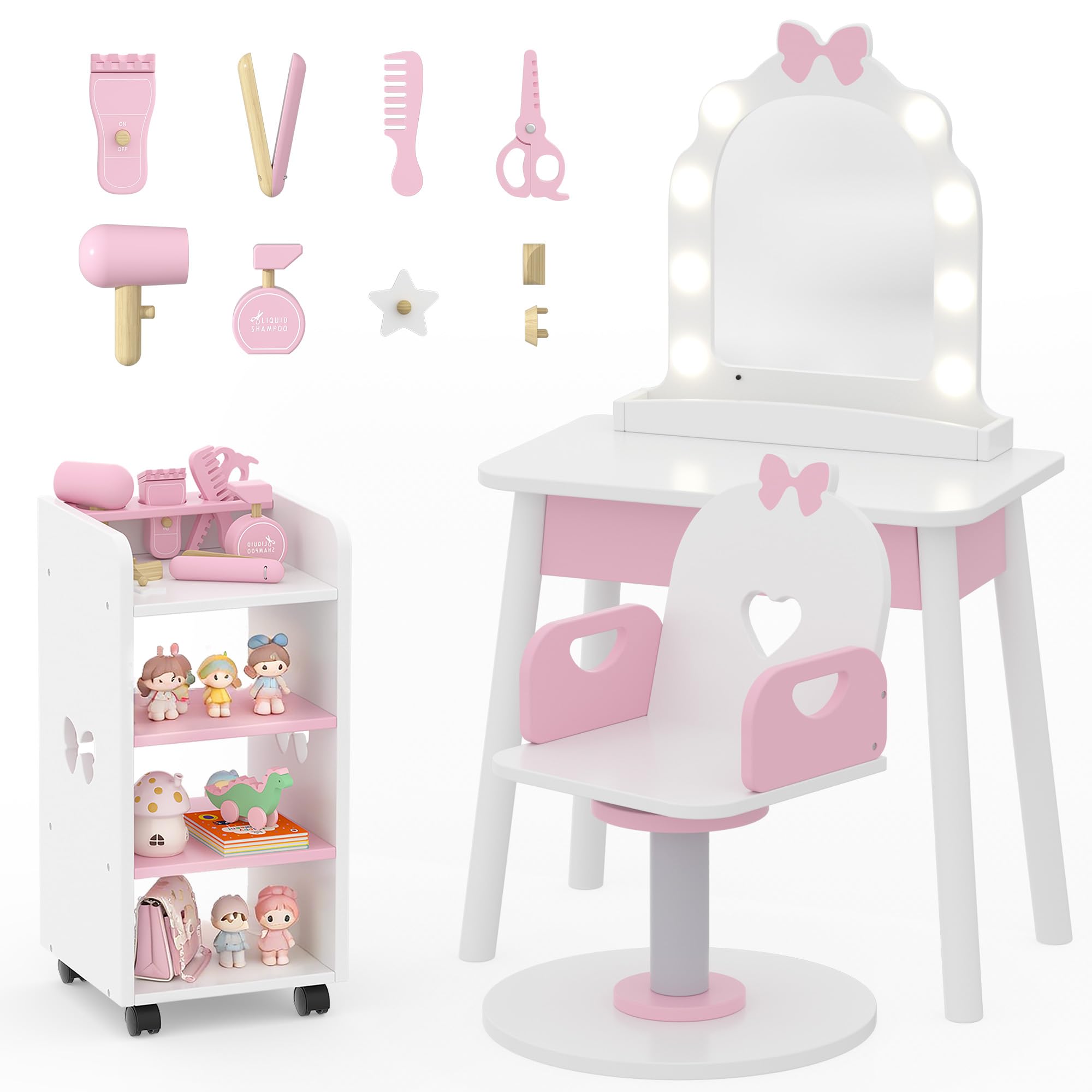 Xilingol Kids Vanity Set,Princess Dressing Table with Lighted Mirror,Swivel Barber Chair,Rolling Cart,Pretend Hair Salon Play Set,Wooden Toddler Makeup Table and Chair for Girls,White