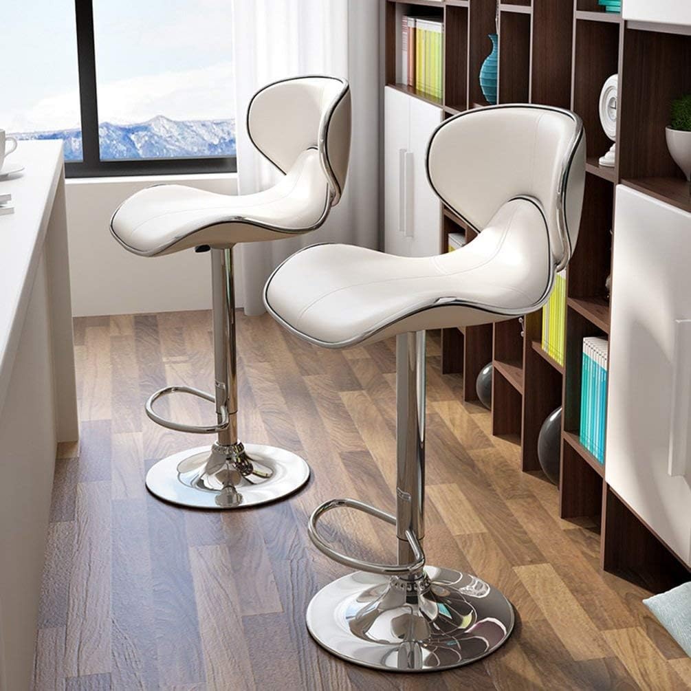 Creative Adjustable Bar Stool with Chrome Base, White Faux Leather, Curved Backrest, Swivel Seat | (White) (Pack of 1)-image-11