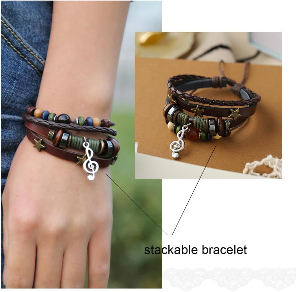 Leather Music Bracelets Braided Beaded Bracelet Black Stackable Bracelets for Women and Men