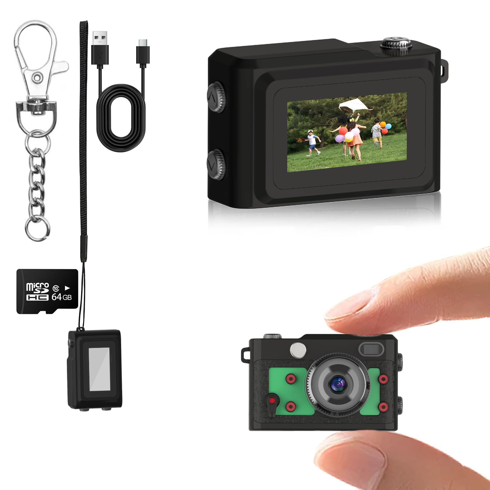 Mini Keychain Camera 64GB, 1080P Mini Retro Photo Video Camera, 120 Minute Battery Life Portable Tiny Digital Cam, Micro Video Camcorder for Travel Students Children, Green