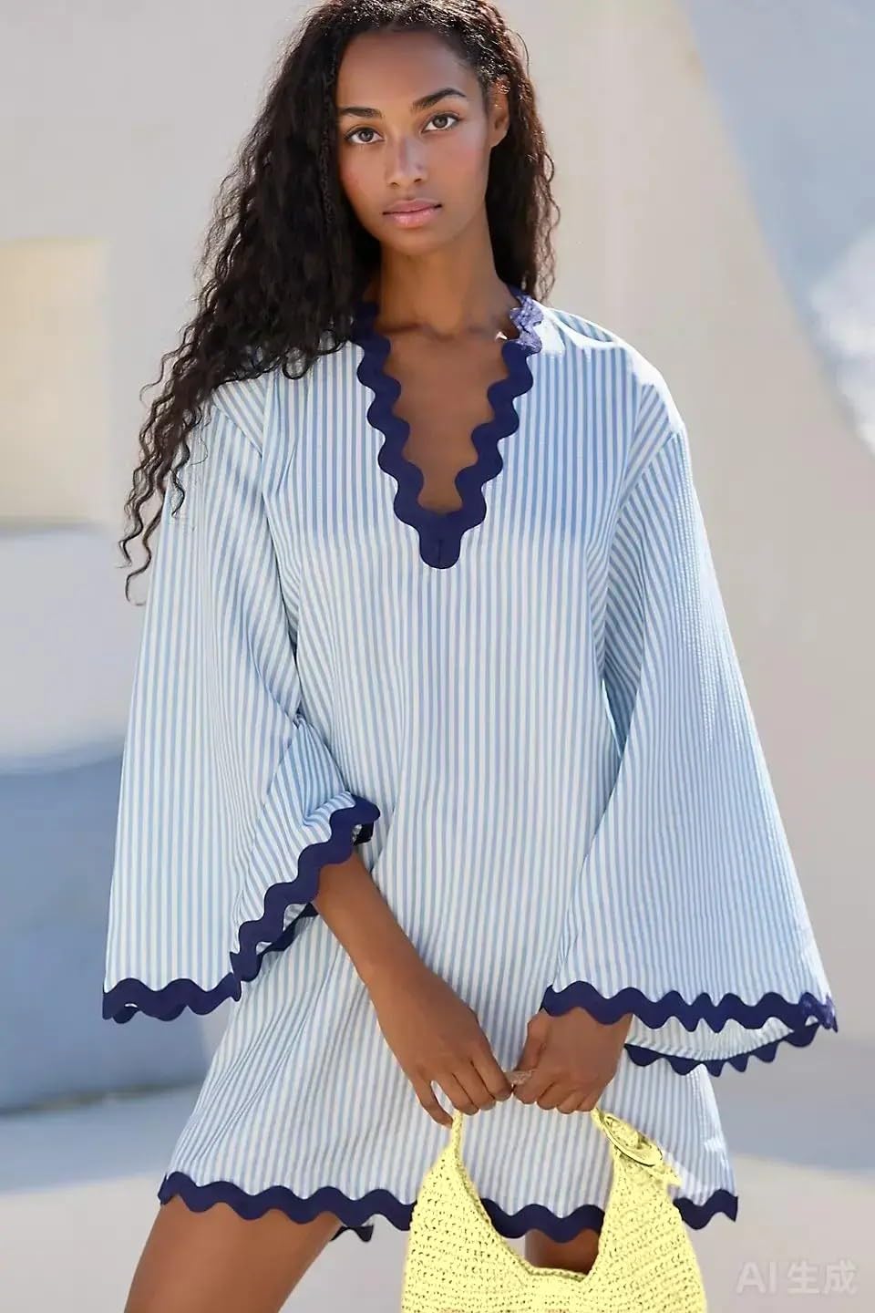 VAOYIU Abito da donna a righe con scollo a V, maniche a campana fluide con bordo ondulato, stile caftano da spiaggia