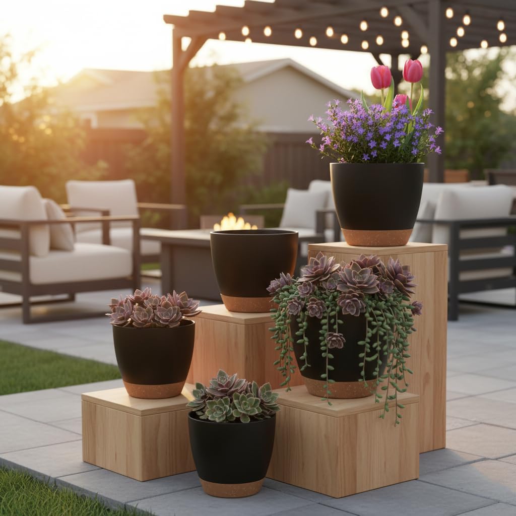 LIFFY Plant Pots, 8,7.5,7,6.5,6,5.5,5 Inch Plastic Self Watering Planters with Drainage Holes & Saucers, 7-Pack Black Nursery Planting Pot with Deep Reservoir for Indoor Outdoor Plants