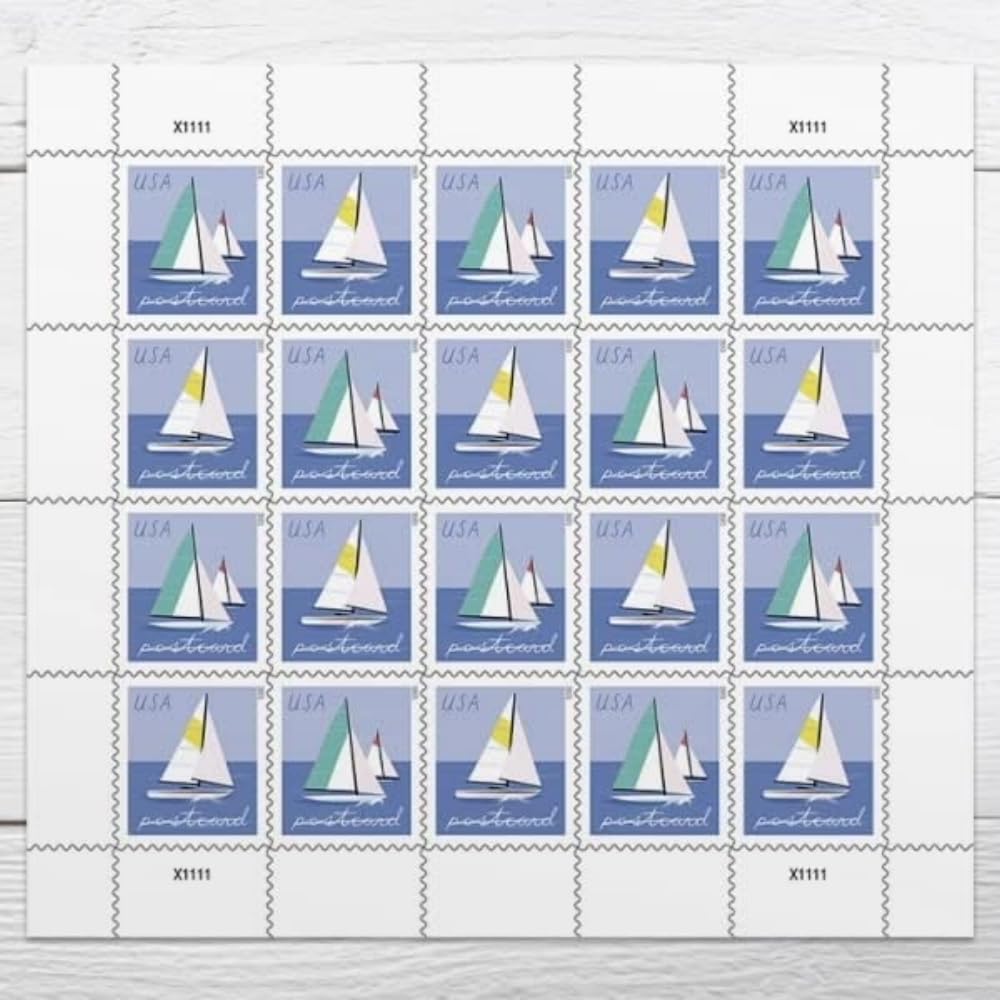 Sailboats Postcard Rate USPS Postage Stamp 1 Sheet of 20 US Postal Forever First Class Outdoor Ocean Lake Summer Sea Boat Water Party Wedding Celebration Anniversary (20 Stamps)