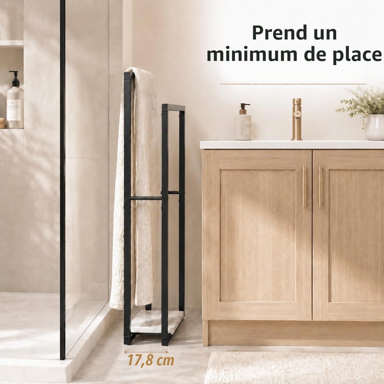 KES Porte-Serviettes sur Pied Noir, Double Porte-Serviettes Salle de Bain Porte Serviette avec Base en Marbre Barre Seche Serviette, BTH501-BK
