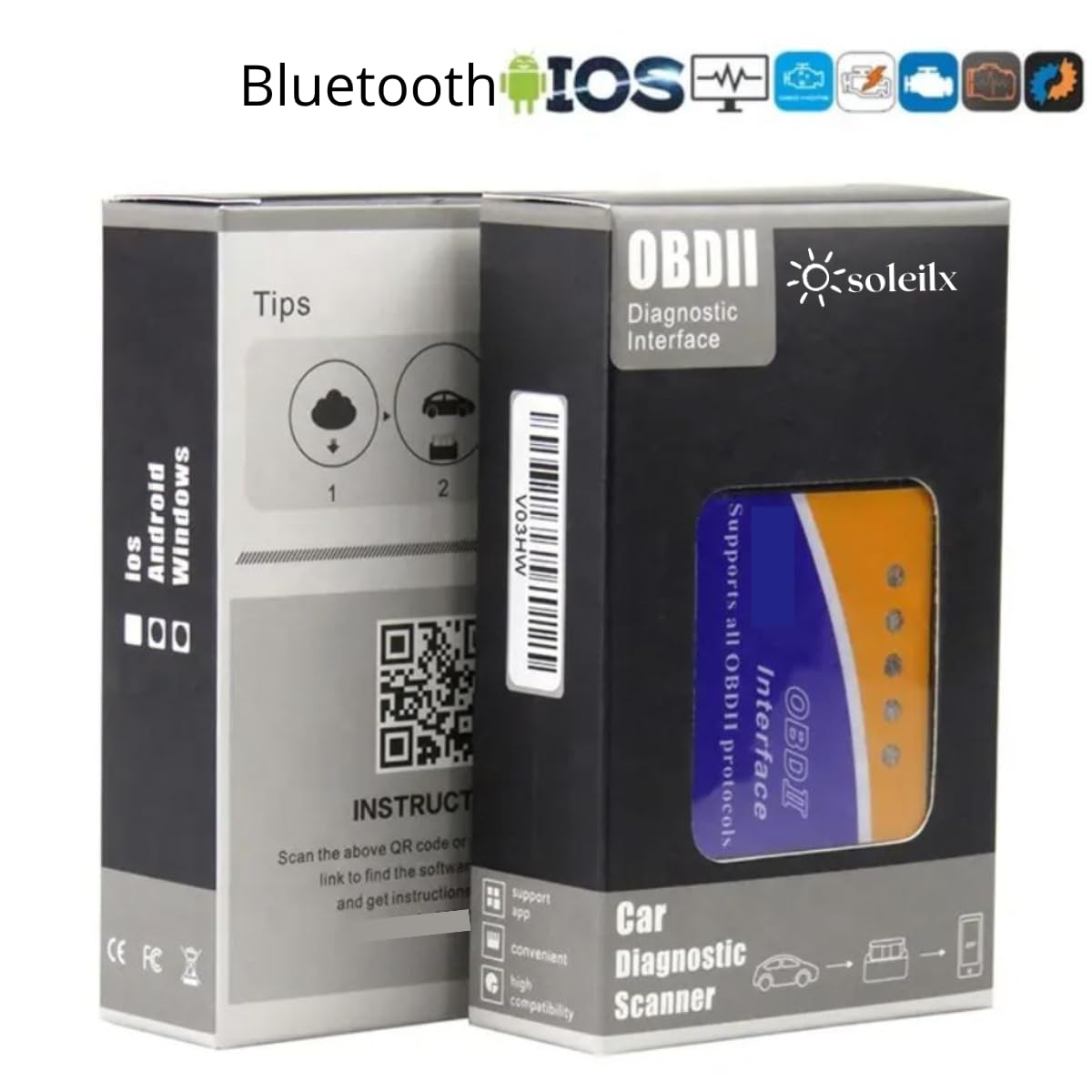 OBD2 Bluetooth soleilx, Scanner Diagnostico Auto Multimarca, Lettore per Diagnosi Veicoli Compatibile con iOS Android Windows