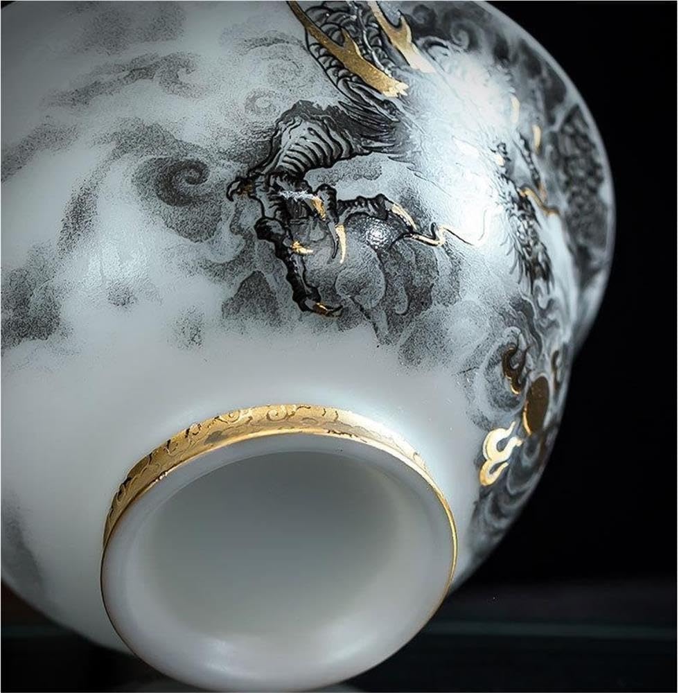 Dragon Pattern Gaiwan Tea Bowl,Gold‑Trimmed Kung Fu Tea Brewing Cup