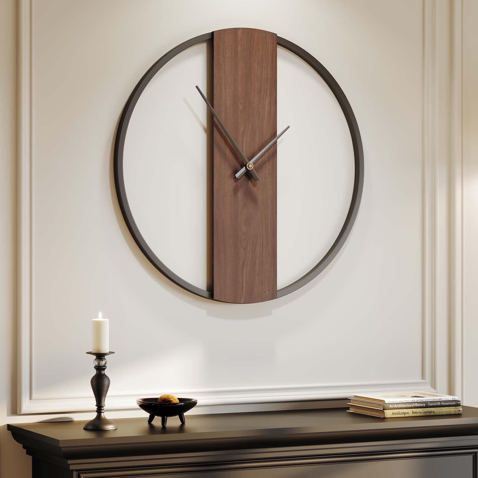 large wall clock 24 inch decorative modern minimalist wall clocks for living room decor, silent non ticking battery operated rustic big clock with walnut dial for bedroom, kitchen, farmhouse, office