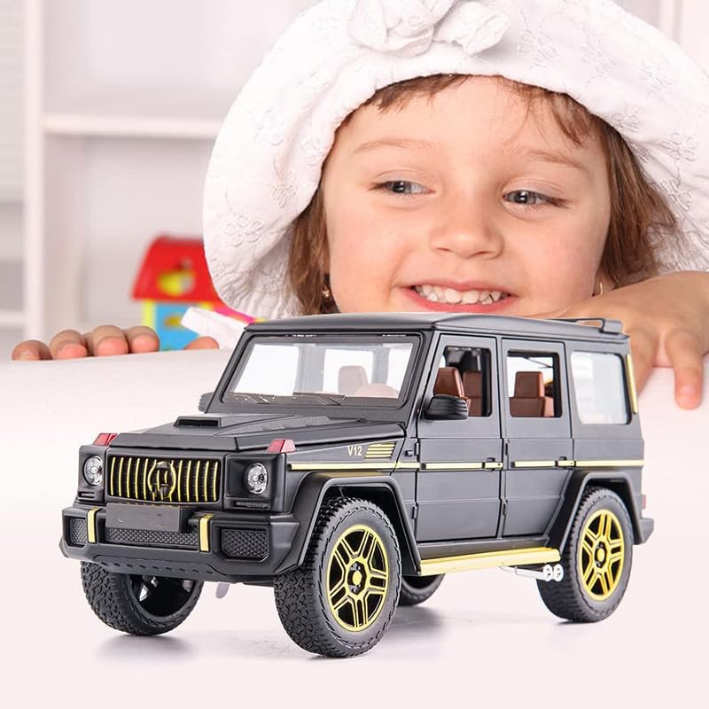 Image of Kids Model 1:24 G Wagon Die Cast Metal Car Pull Back Action Opening Doors with Realistic Engine Sound Lights Toy Car Gift for Boys - Black