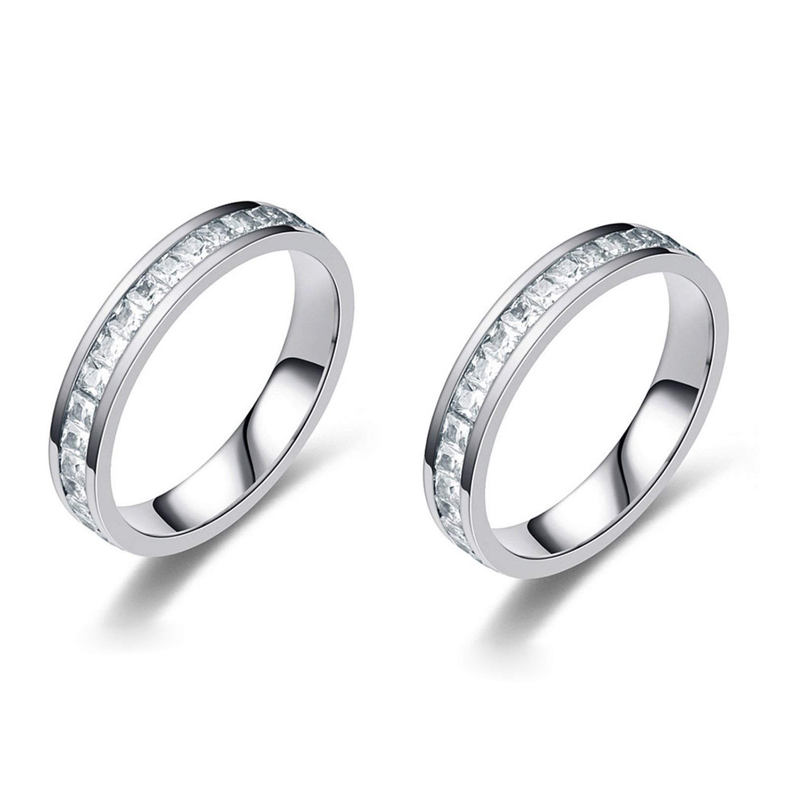 WLYX 2 PCS Single Row Zircon Ring, Titanium Steel Small Square Diamond Full Diamond Zircon Engagement Ring, Wedding Ring Jewelry (Color : Silver, Size : 9#)