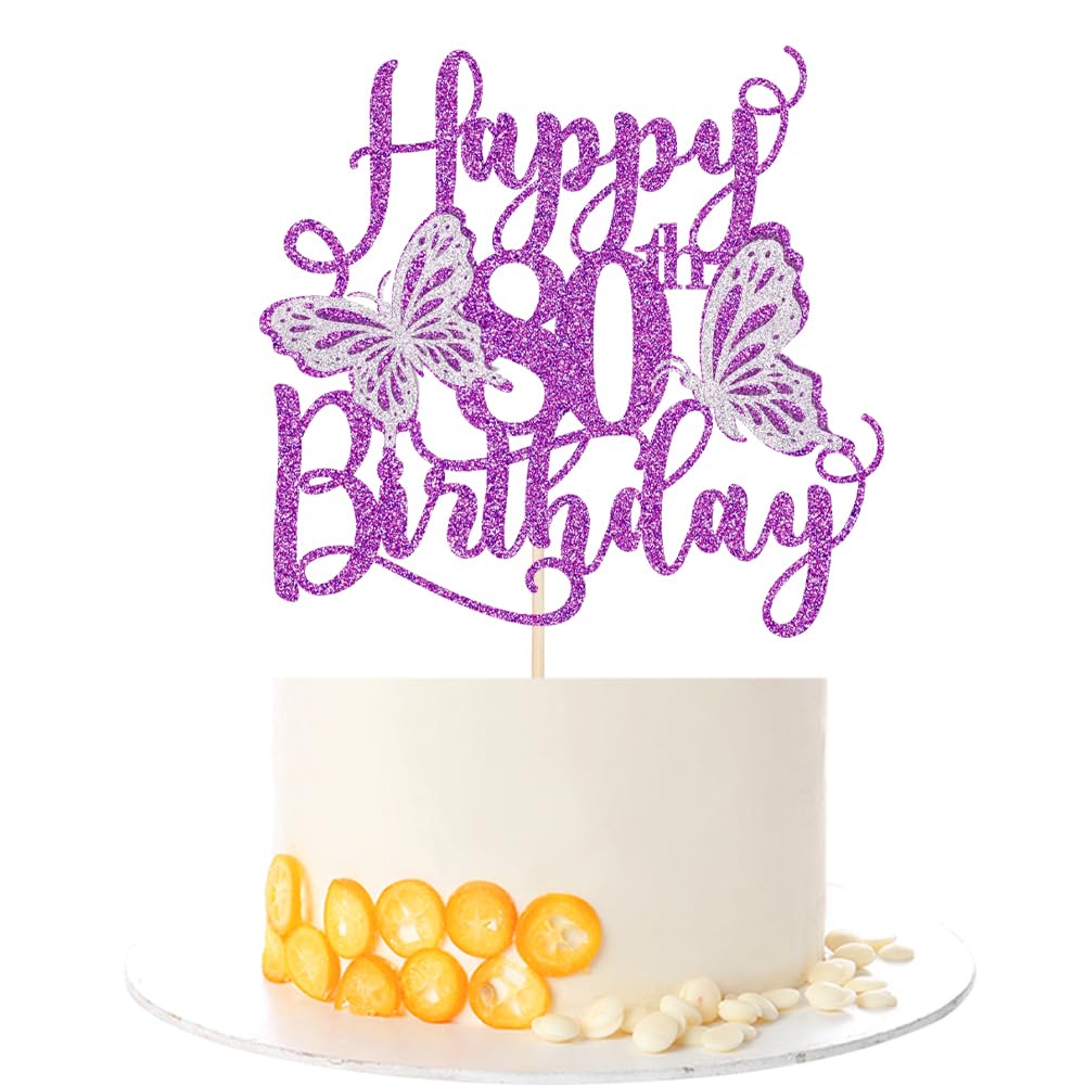Kaoenla 3D Butterfly Happy 80th Birthday Cake Topper, Glitter eighty/80th Birthday/anniversary, Butterfly Theme Party Cake Decor (80th, Purple)