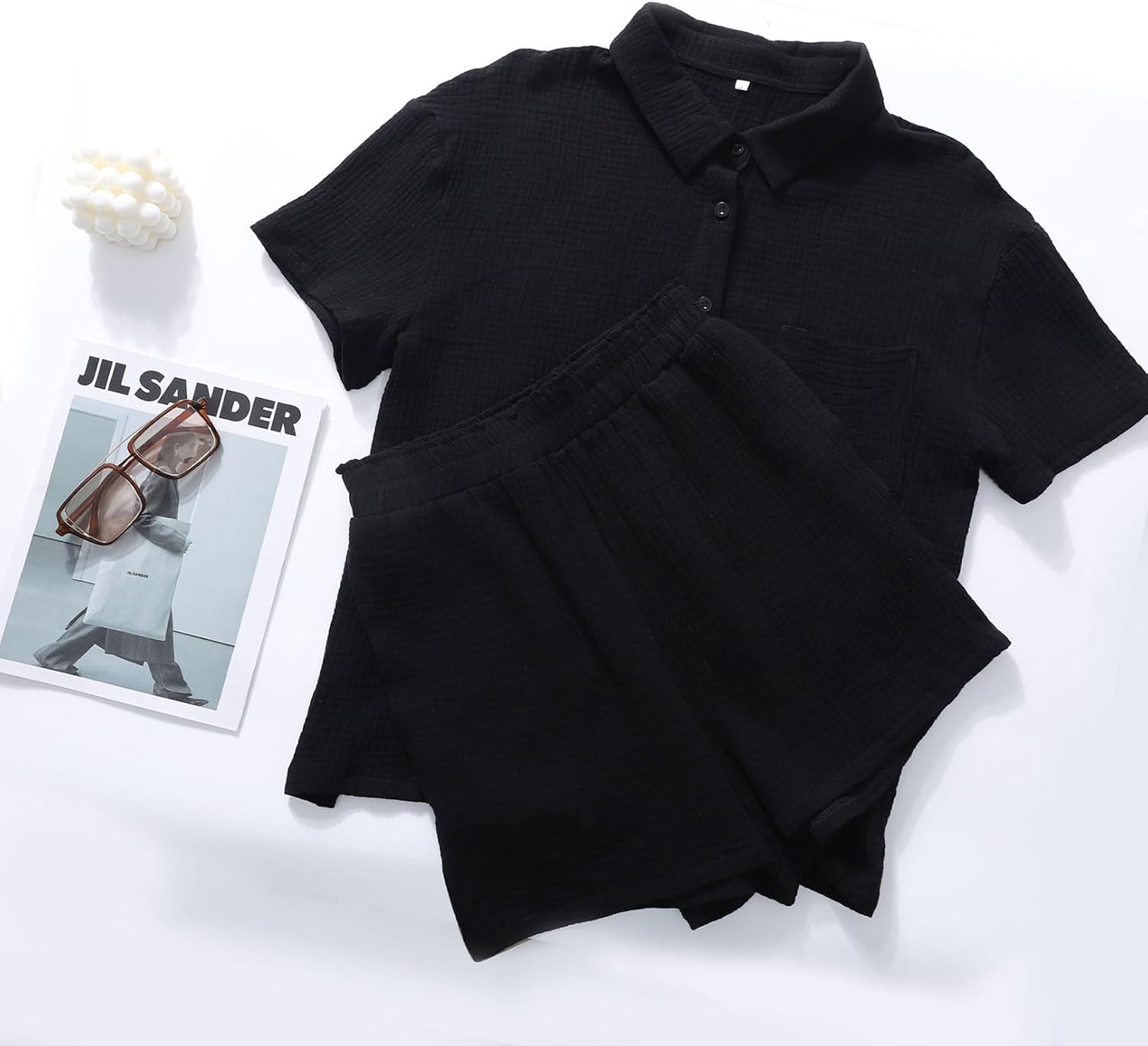 Flygo Womens Casual 2 Piece Outfits Cotton Linen Sets Button Down Oversized Shirt Shorts 2026 Pajama Lounge Beach Set - Image 5