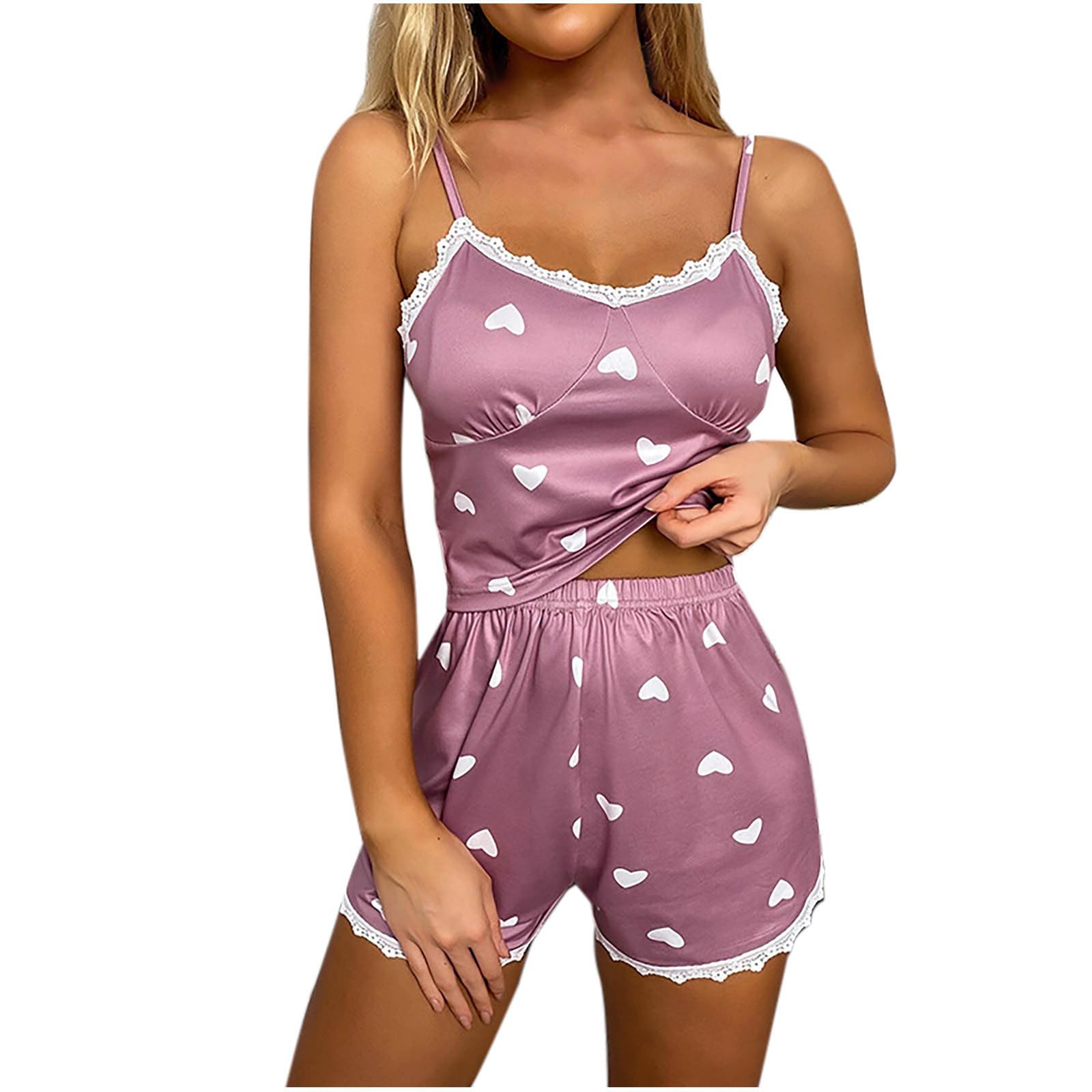 JOAU Womens Y2k Lace Trim Lounge Sets Sleeveless Heart Print Pajama Sets Cami Top and Shorts Lingerie 2