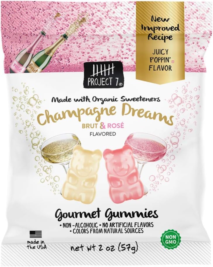 Project 7 Natural Gourmet Gummies รขโฌโ Champagne Dreams Gummy Bears รขโฌโ Organic Sweeteners, Non-GMO, Made in The USA, No Artificial Colors, Flavors or Preservatives รขโฌโ 8 Packs (2oz pouches)