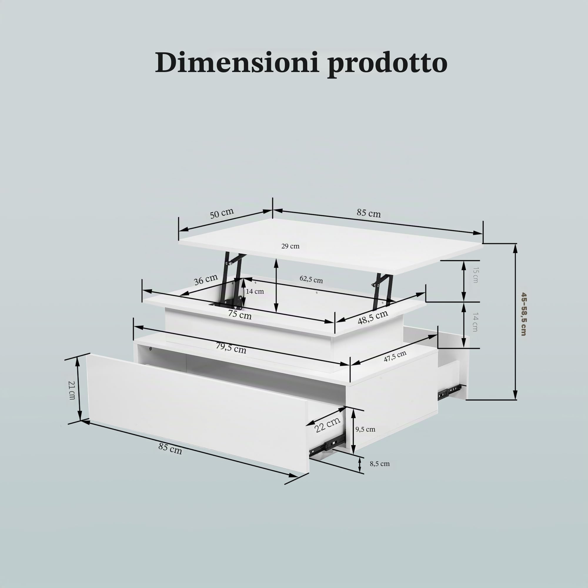 Tavolino da salotto regolabile in altezza, lucido, con illuminazione a LED, scaffale aperto e 2 cassetti, moderno, 85 x 50 x 45 cm, bianco