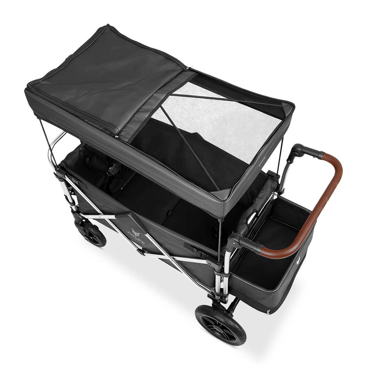 FUXLIFE handcart FX-CTL900 negro - premium plegable - carro de transporte para niños con toldo - interior acolchado y arnés de 5 puntos - ruedas con muelles - carro compacto plegable con bolsa de frío
