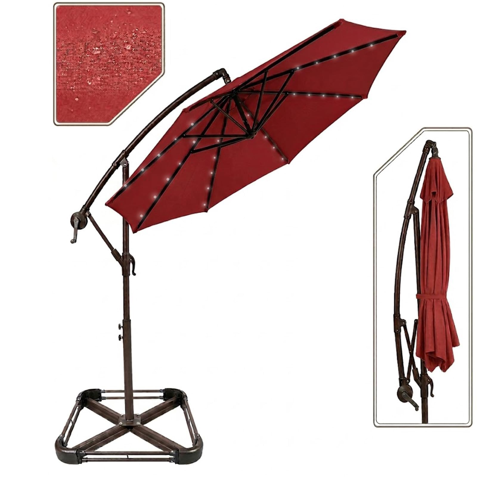 Mobeneno Red 3M Solar Led Garden Parasol With Base, Cantilever Patio Umbrella