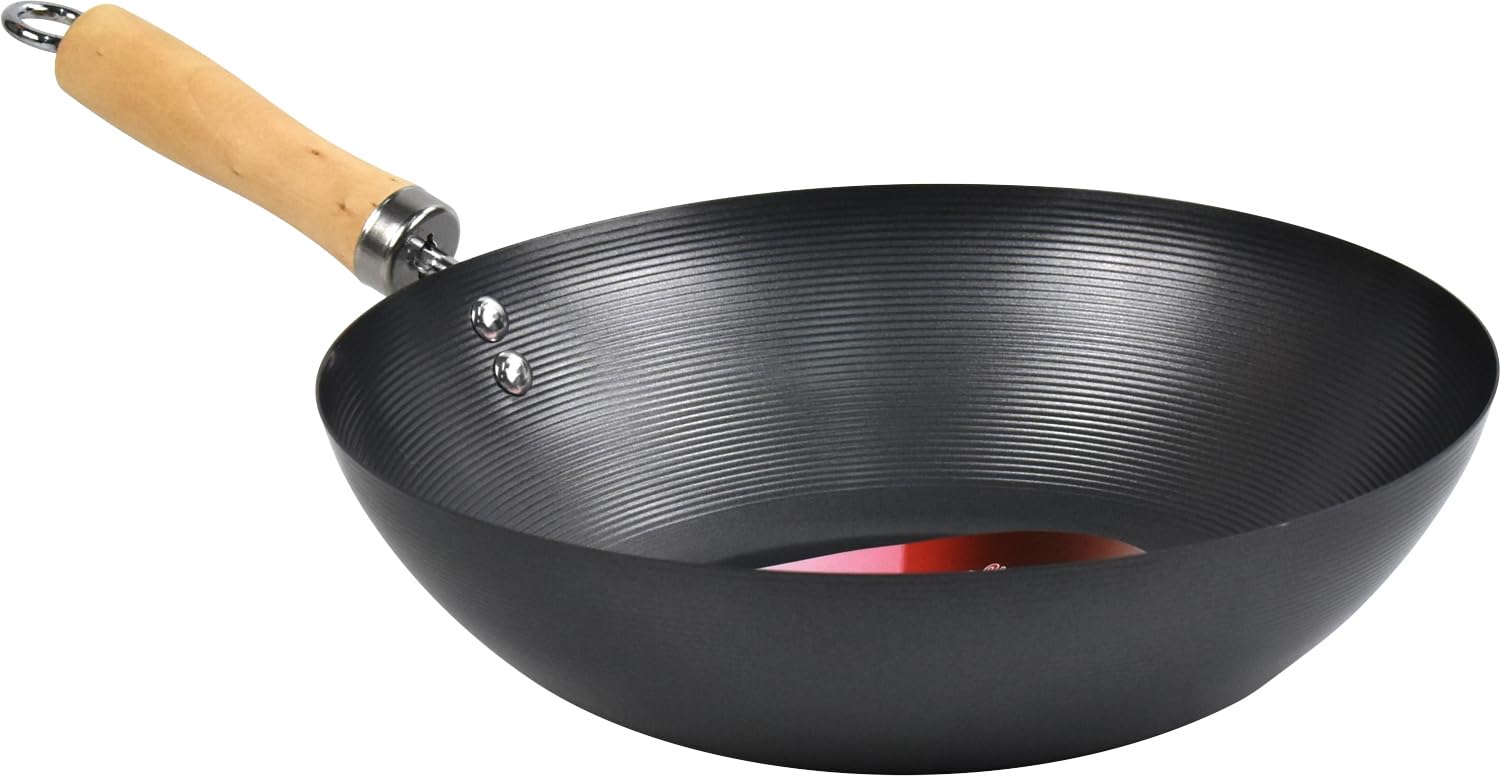 LAVV HOUSEWARES LTD Non Stick Carbon Steel Flat Bottom Stir Fry Wok with Wooden Handle (30cm, Long Handle)