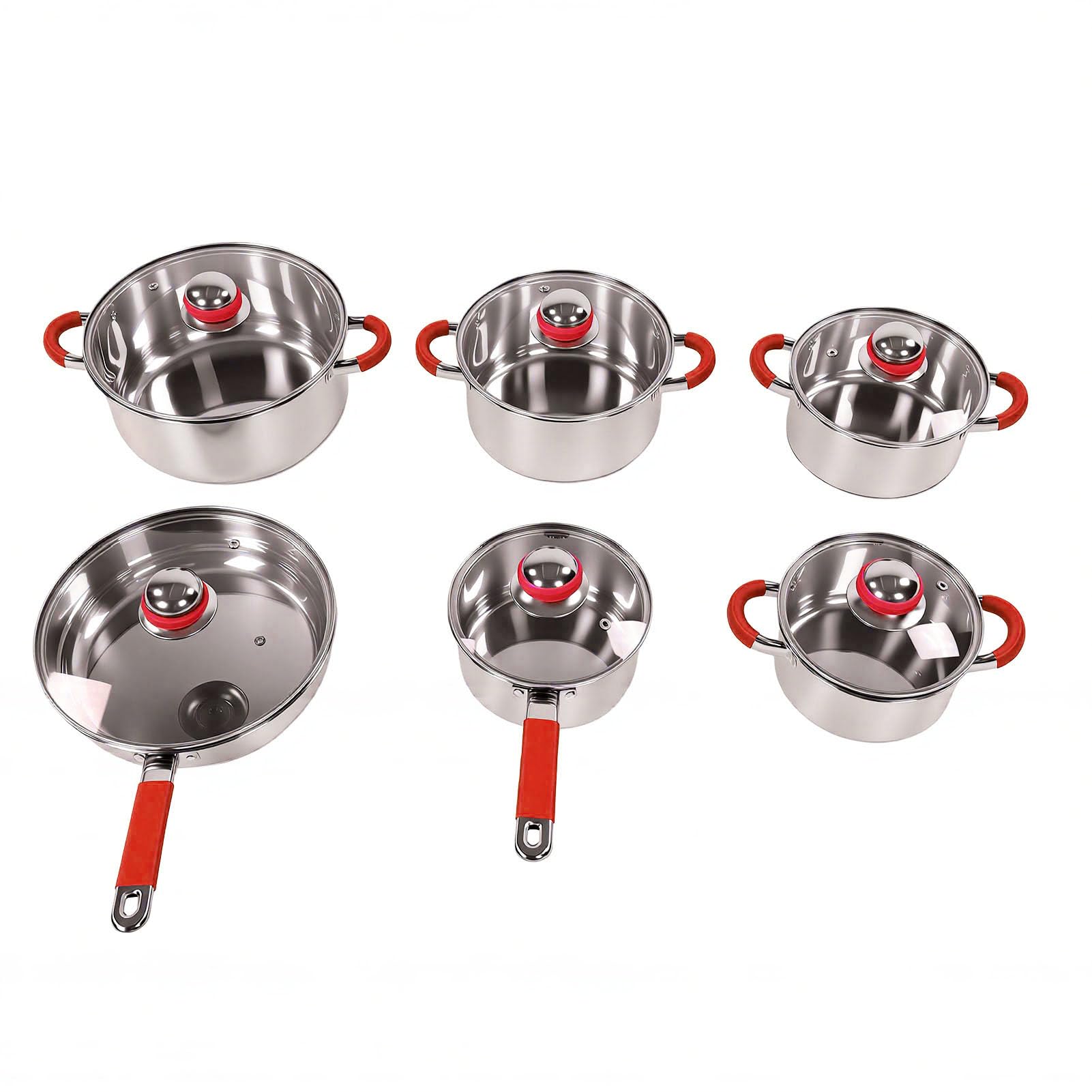 Ausla Juego de Utensilios de Cocina de Acero Inoxidable de 6 Piezas, Ollas y Sartenes con Base de Triple Capa y Tapas de Vidrio, Compatibles con Todas las Estufas, Utensilios de Cocina para Cocción