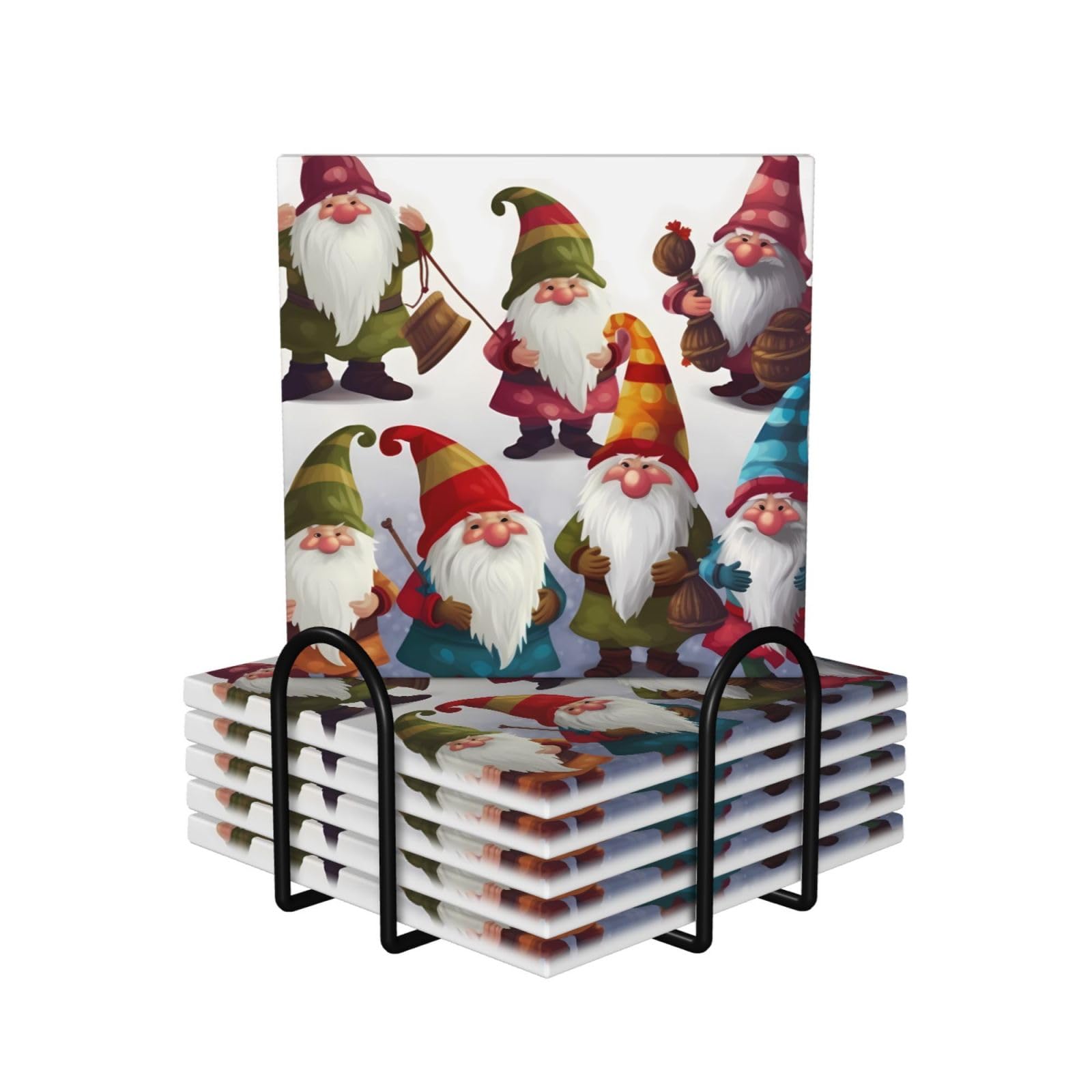 6Pcs Ceramics Coaster for Drinks, Xmas Funny Gnomes Cup Coasters with Holder, Aesthetic Drink Coasters for Coffee Table, Absorbent Round Coaster for Tabletop Protection 4" Cup Mat Pad
